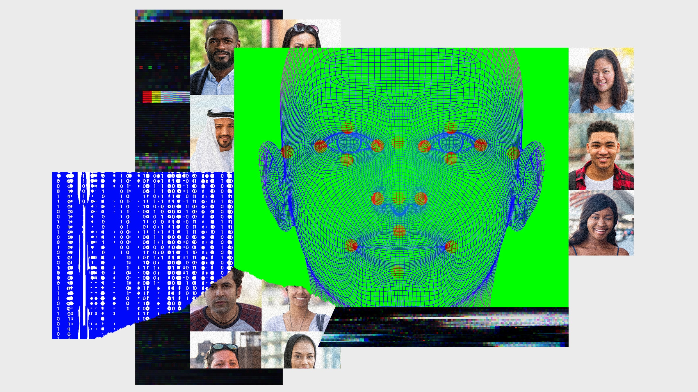 Colagem de fotos de um código de face digitalizado e faces das pessoas da cor