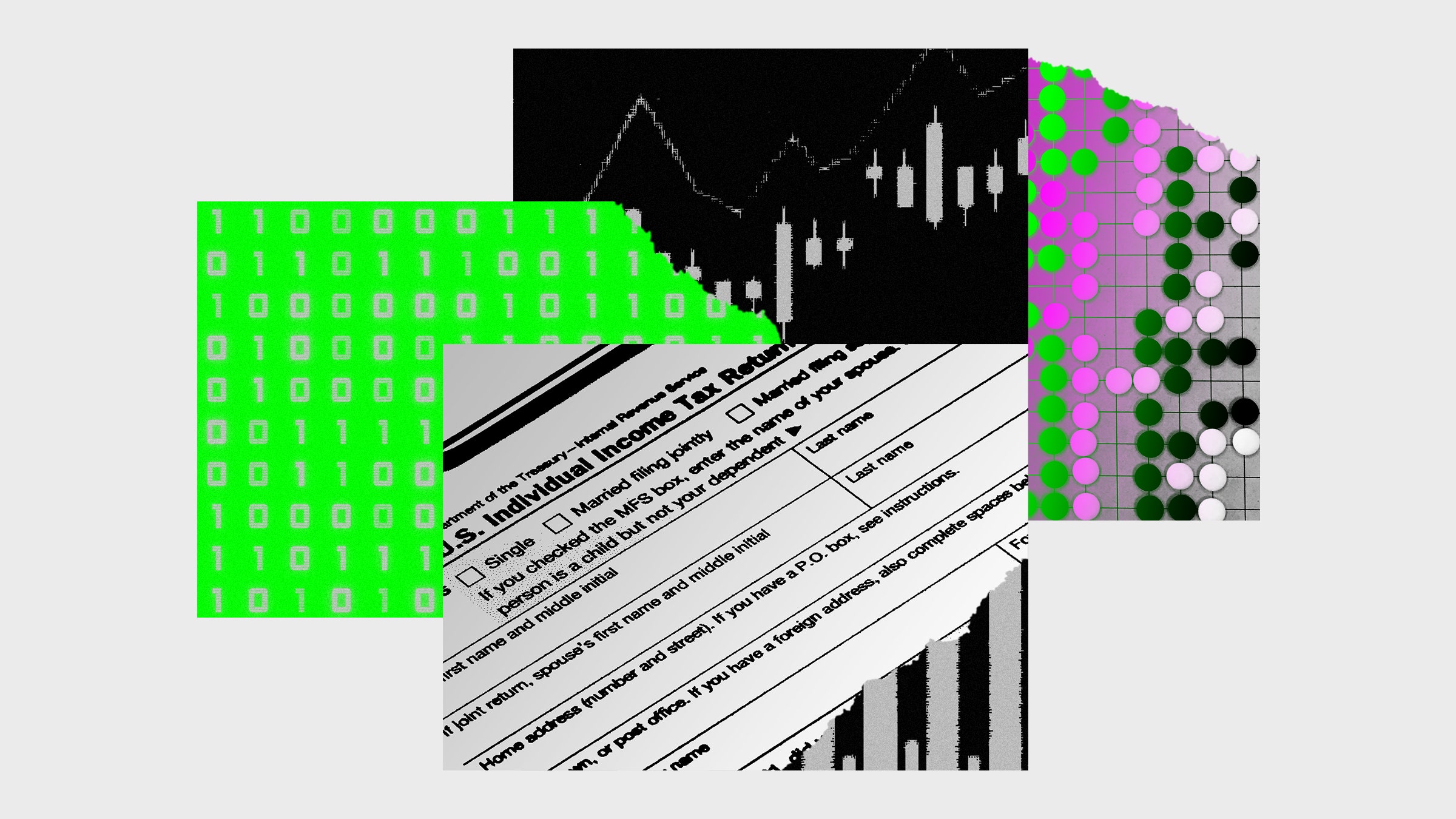 Colagem de fotos do código binário do documento tributário de gráficos financeiros e do jogo de Go