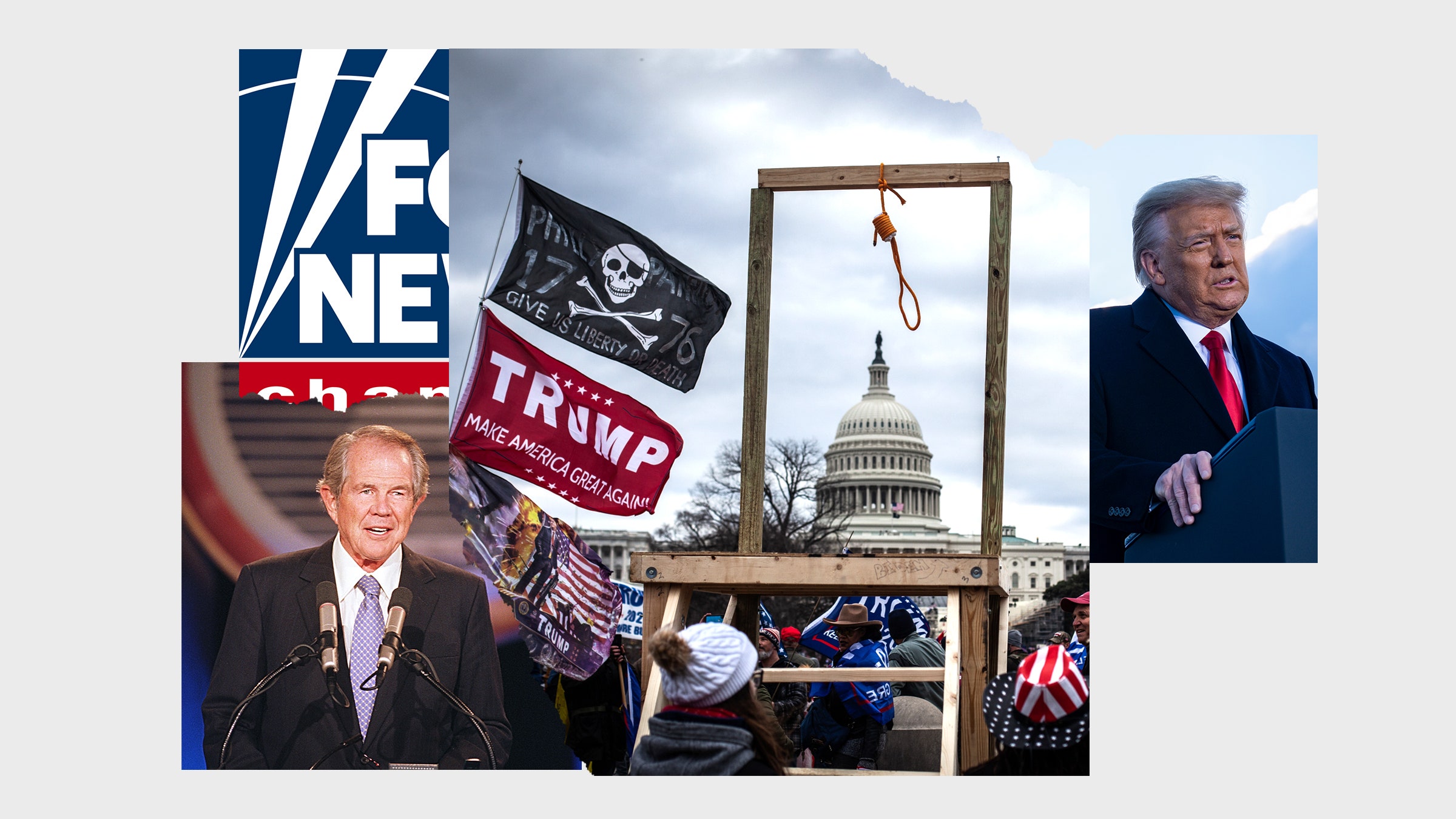 A colagem das imagens de Donald Trump e os tumultos no Capitólio em 6 de janeiro de 2020.