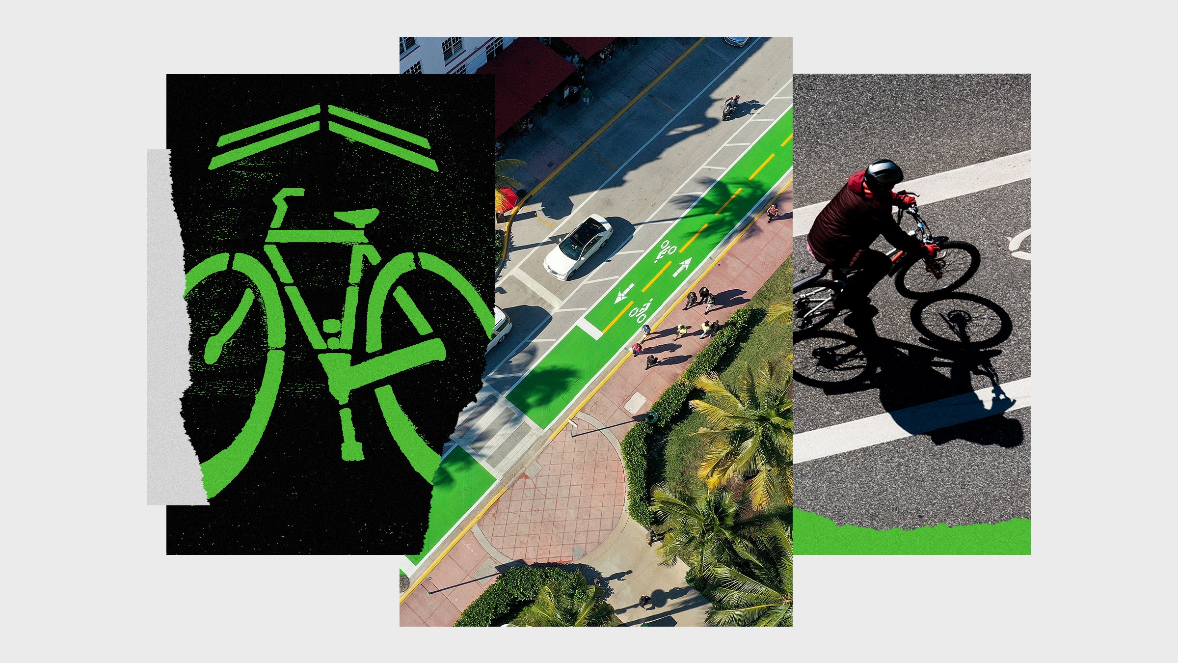 Colagem de fotos de uma ciclovia em uma rua da cidade, um ciclista e um símbolo de ciclovia