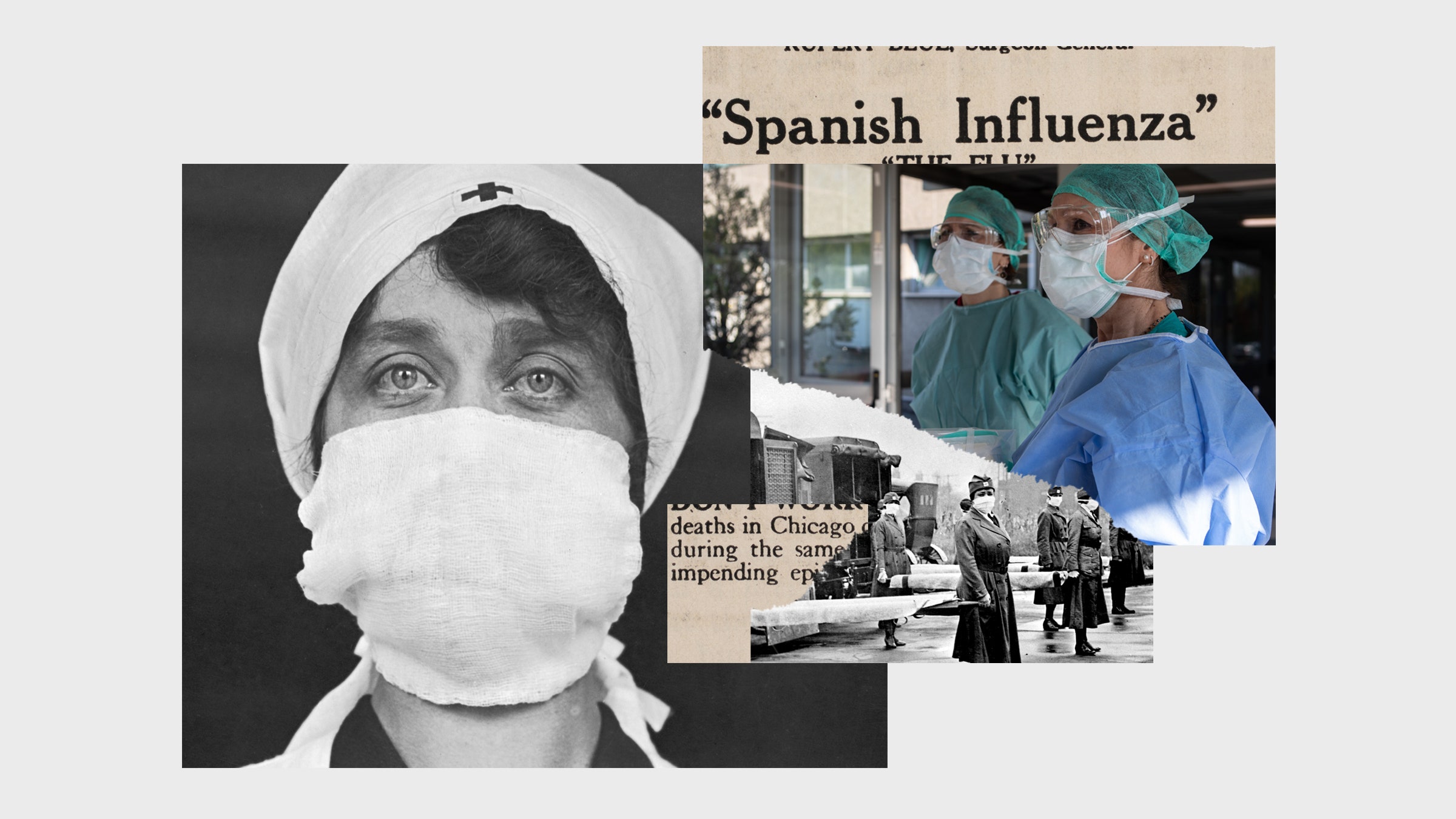 Colagem de imagens dos tempos da influenza espanhola e dos trabalhadores médicos modernos.