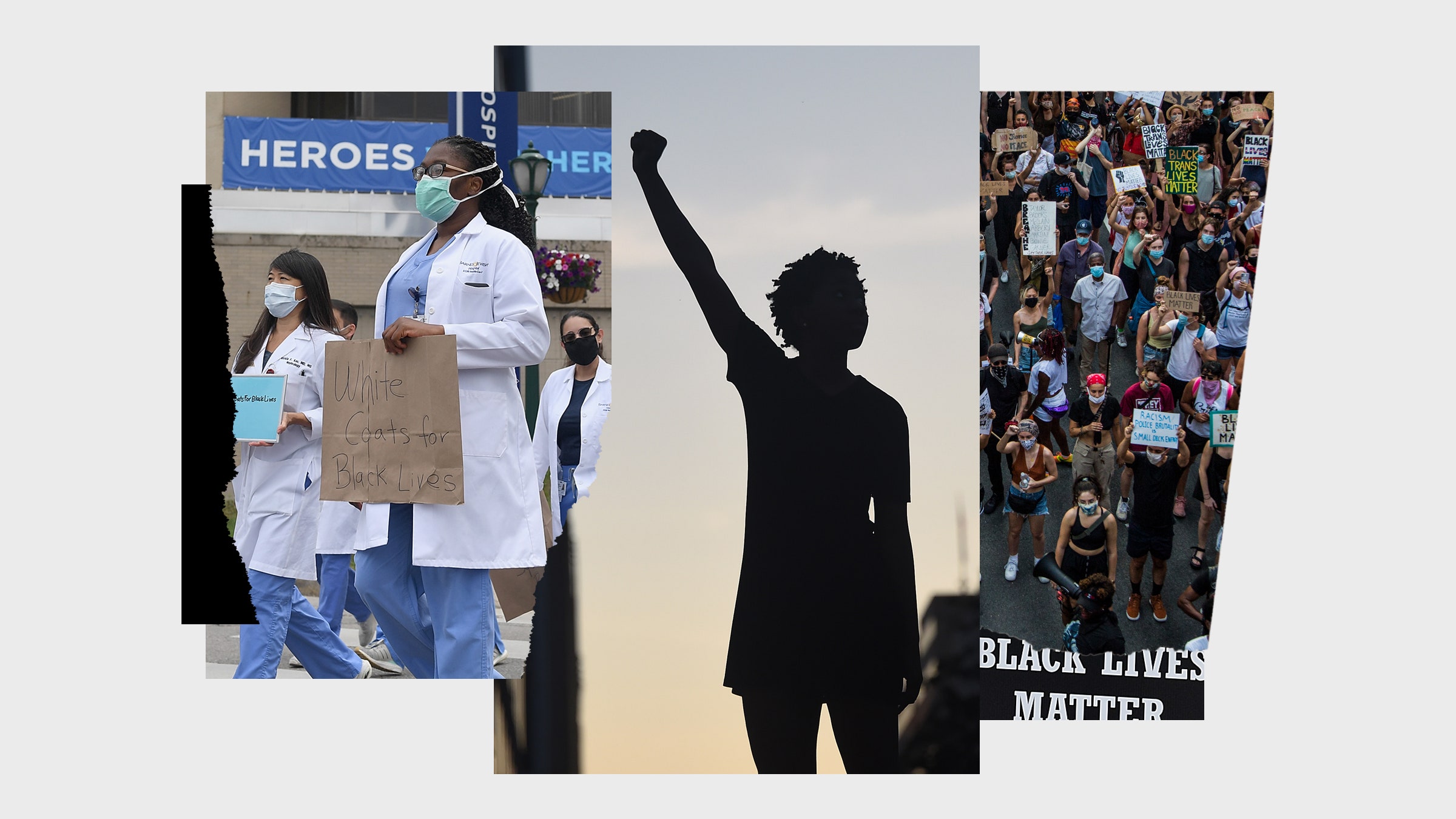 Colagem de imagens, incluindo uma dos manifestantes do Black Lives Matter