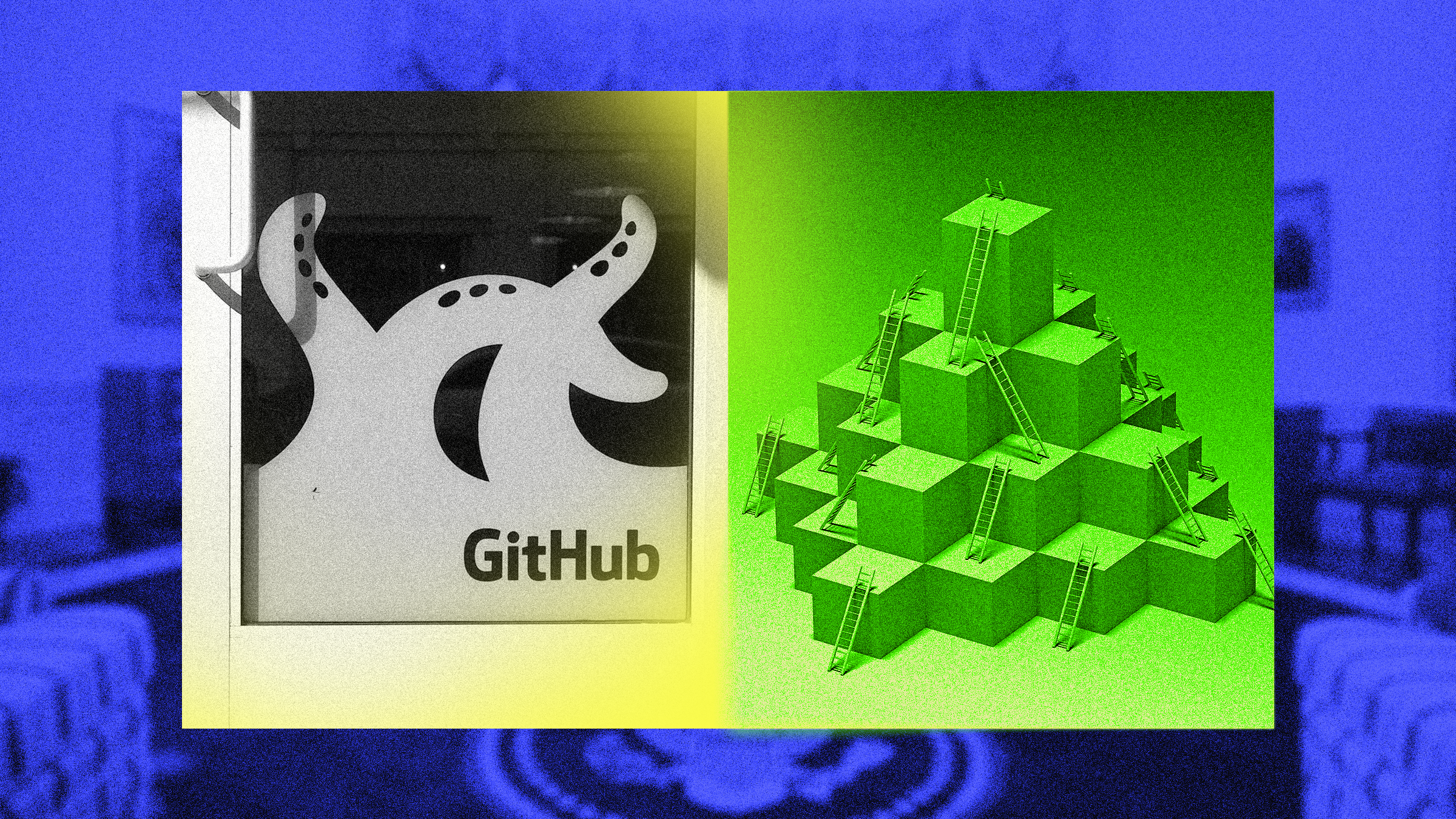 Ilustração fotográfica do logotipo do GitHub fora da construção da estrutura cúbica com escadas e do escritório oval.