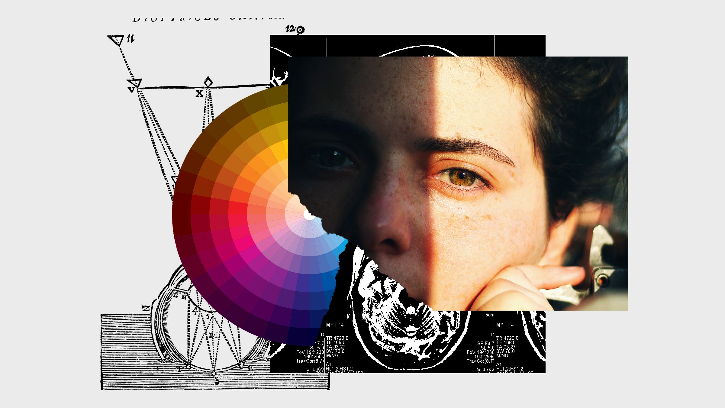 Colagem de imagens, incluindo um círculo de cores.
