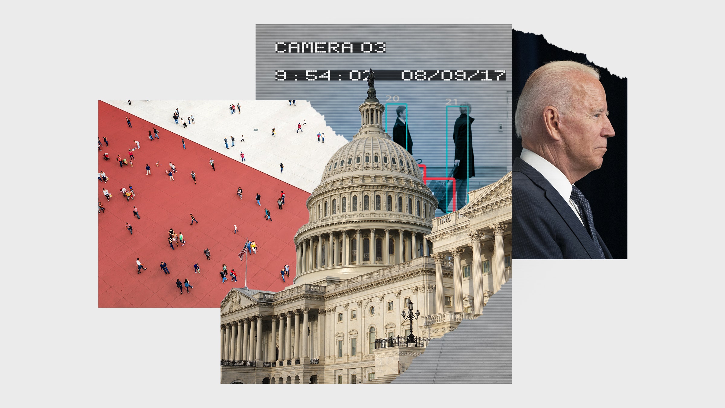 Uma colagem de imagens incluindo o edifício do Capitólio, o presidente Joe Biden e imagens de segurança.