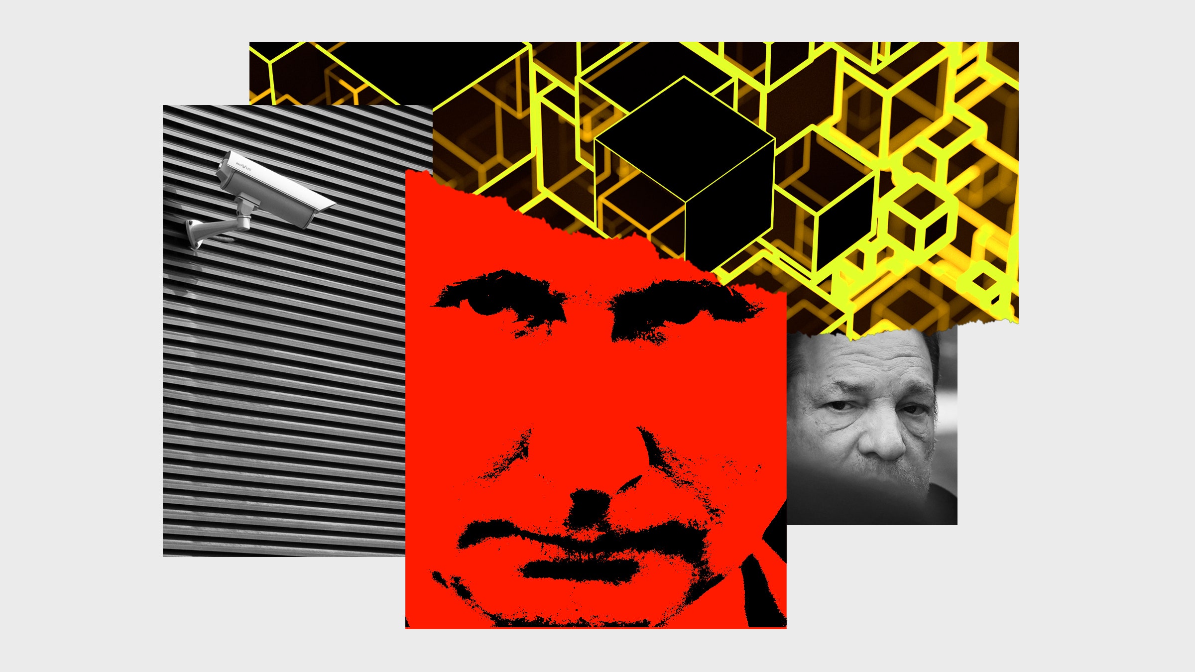 Uma colagem de imagens incluindo câmeras de vigilância e o presidente russo, Vladimir Putin.