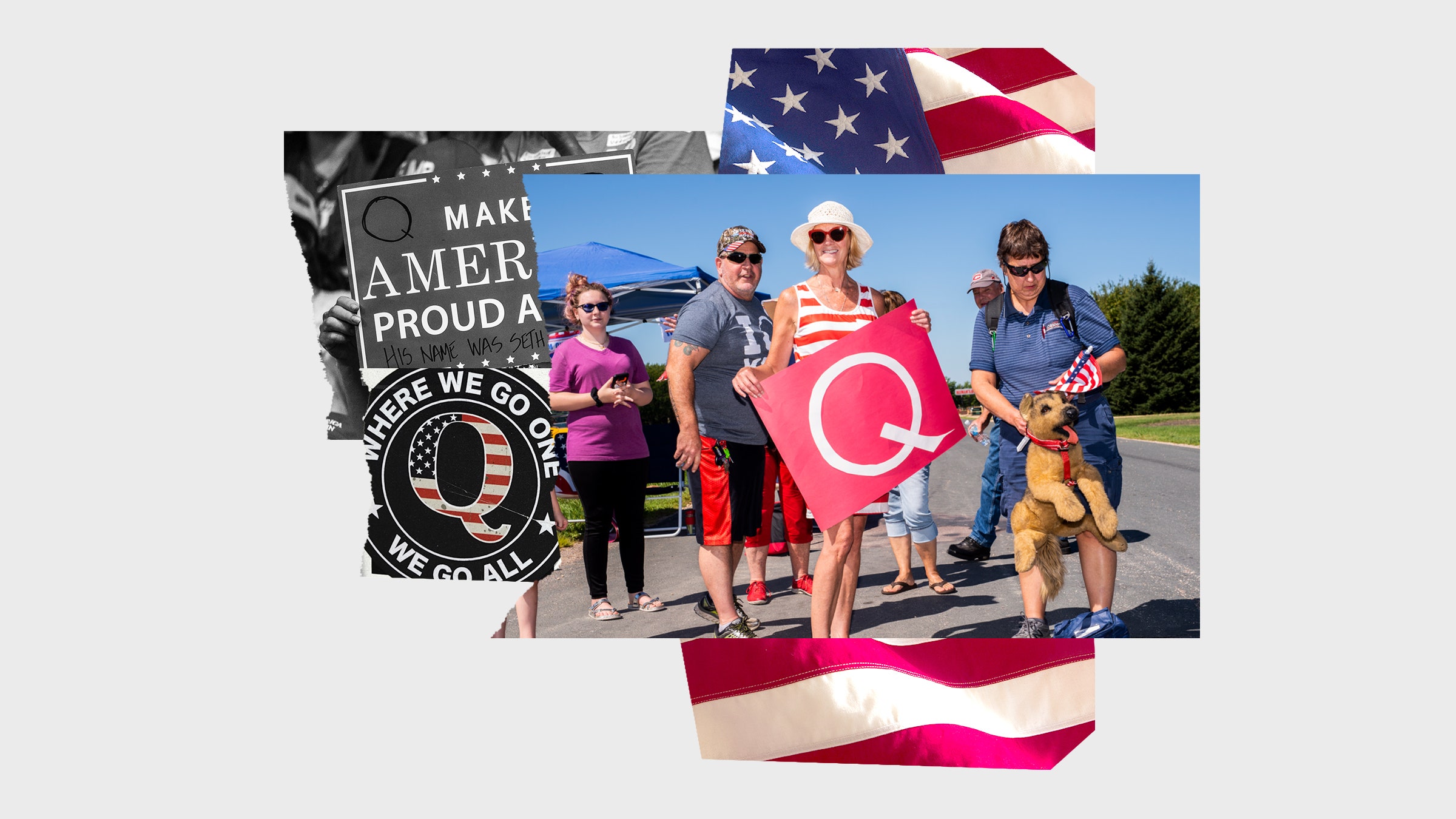 Colagem com pessoas segurando cartazes da QAnon e uma bandeira americana.