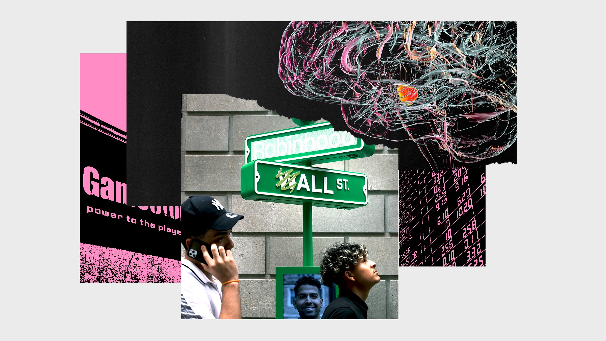 Uma colagem de imagens, incluindo a placa do cérebro de Wall Street com uma letra arranhada W e a placa GameStop.