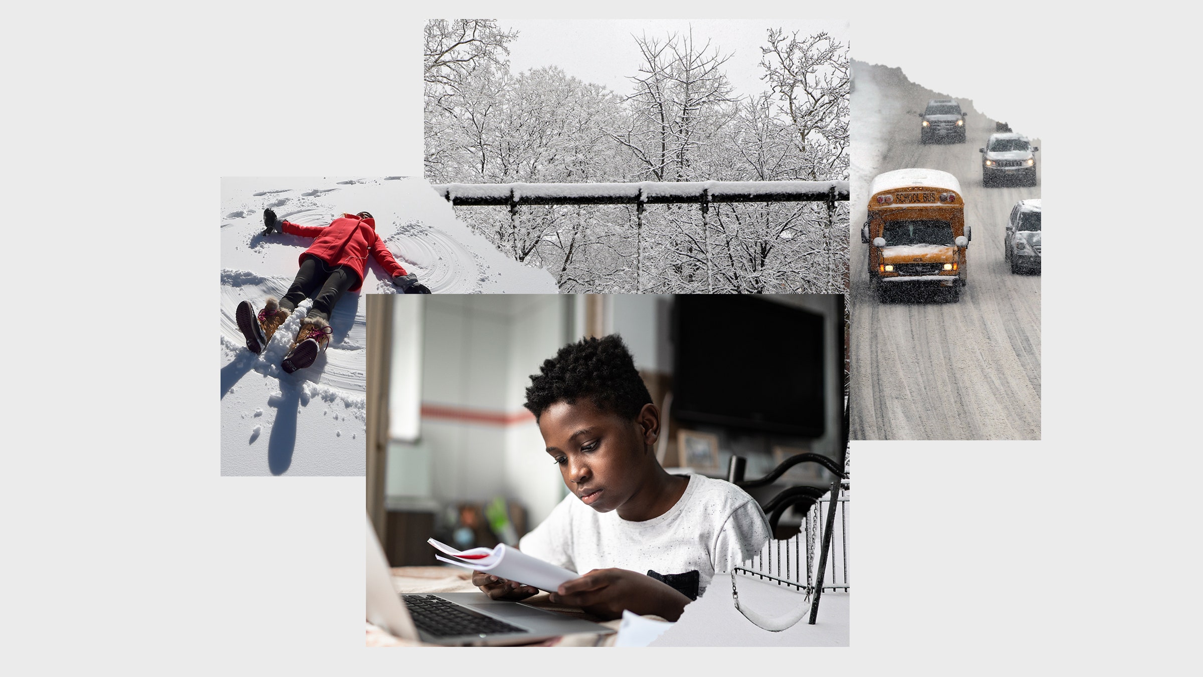 Uma colagem de fotos mostrando um ônibus escolar e um estudante trabalhando em casa.
