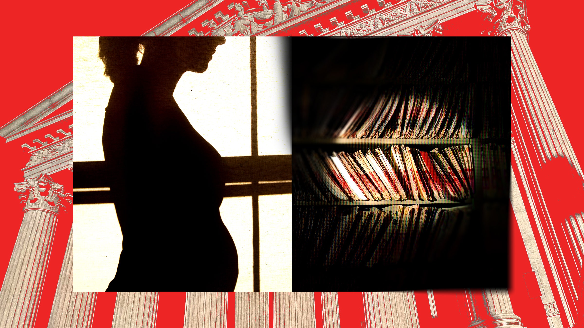 Colagem de fotos de um prontuário médico de silhueta de uma mulher grávida e do prédio da Suprema Corte