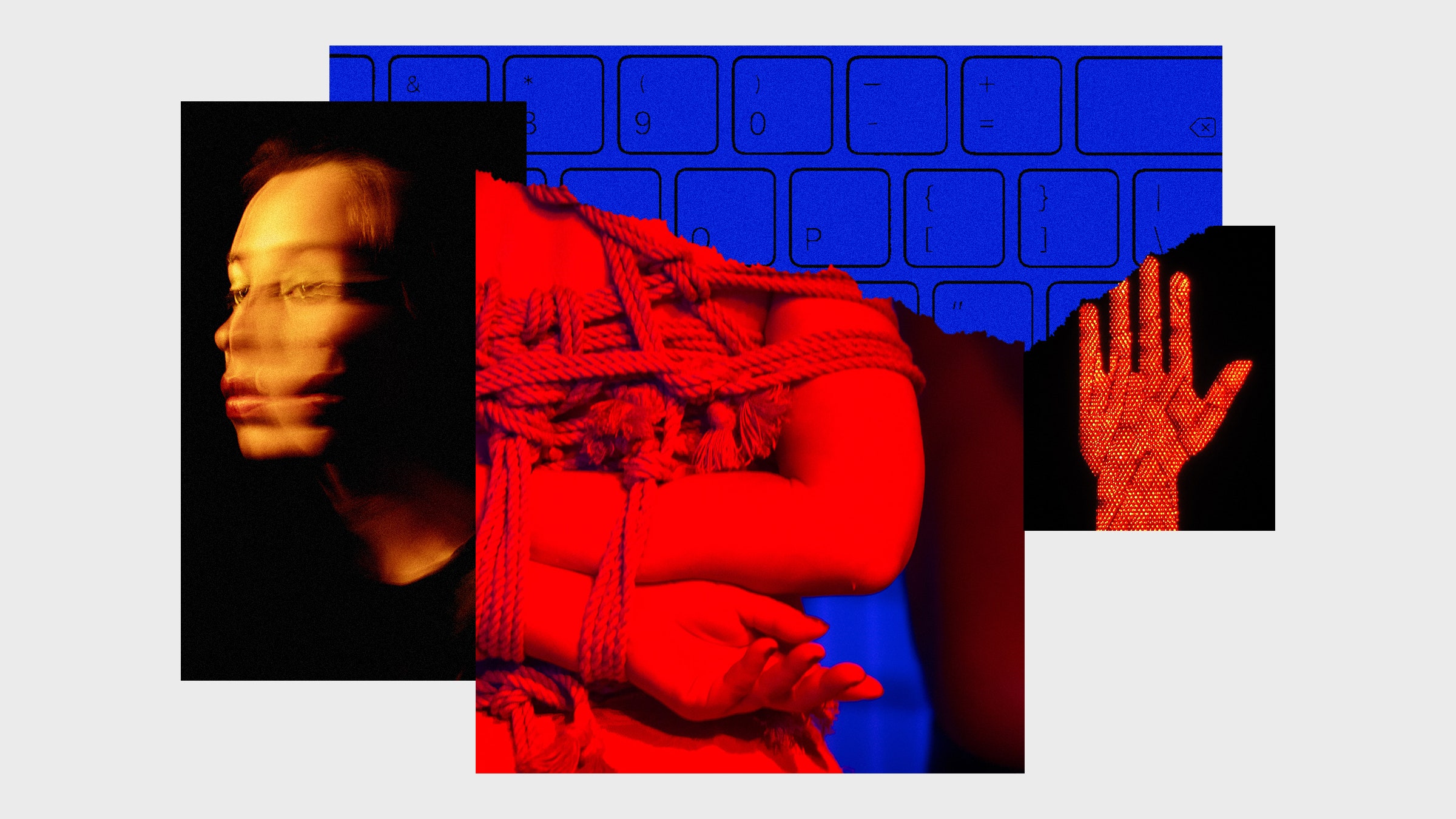 Colagem de fotos de uma pessoa amarrada, rosto embaçado, teclado de computador e uma mão parada
