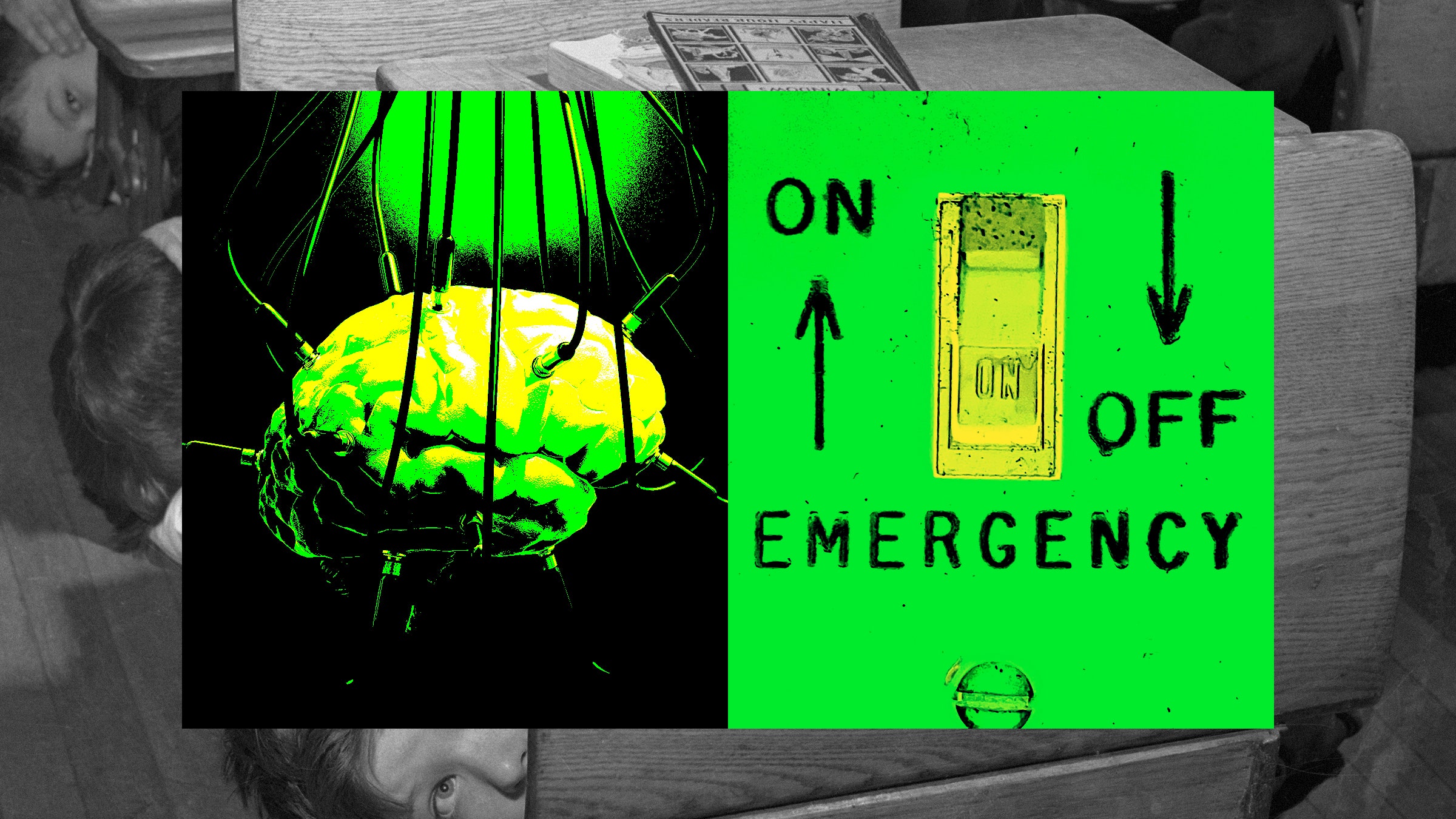 Uma colagem com a imagem de um cérebro conectado a fios, uma chave de emergência e crianças escondidas sob as mesas durante um bombardeio de treinamento