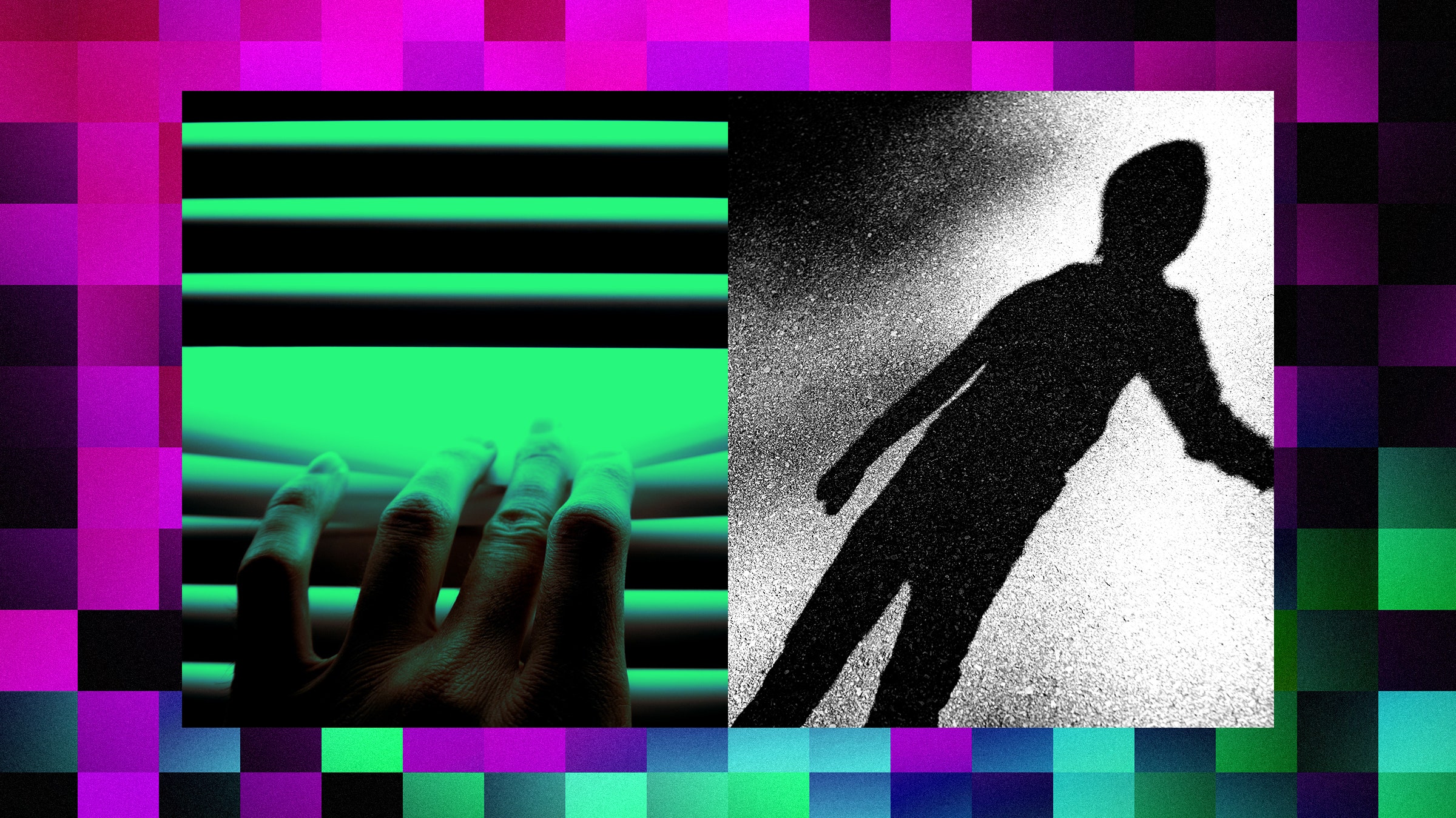 Uma colagem com a imagem de uma mão que abre as persianas, uma sombra de uma criança e a textura da AI