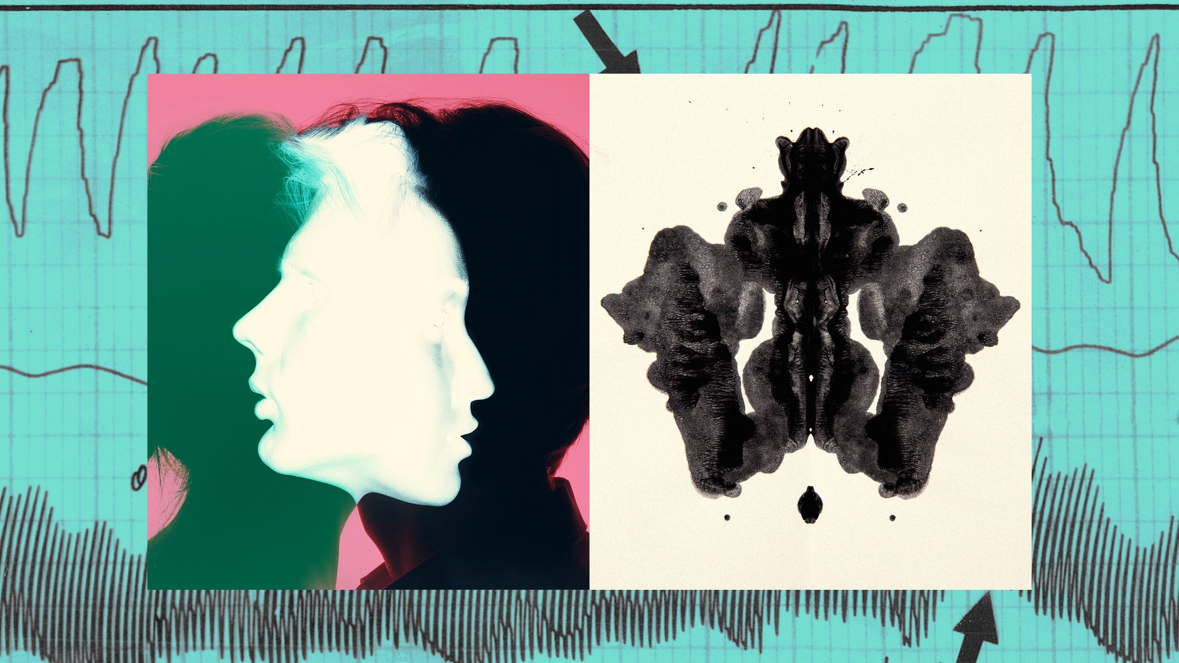 Colagem de cabeças de duas pessoas com teste de Rorschach e leituras de polígrafo sobrepostas a elas