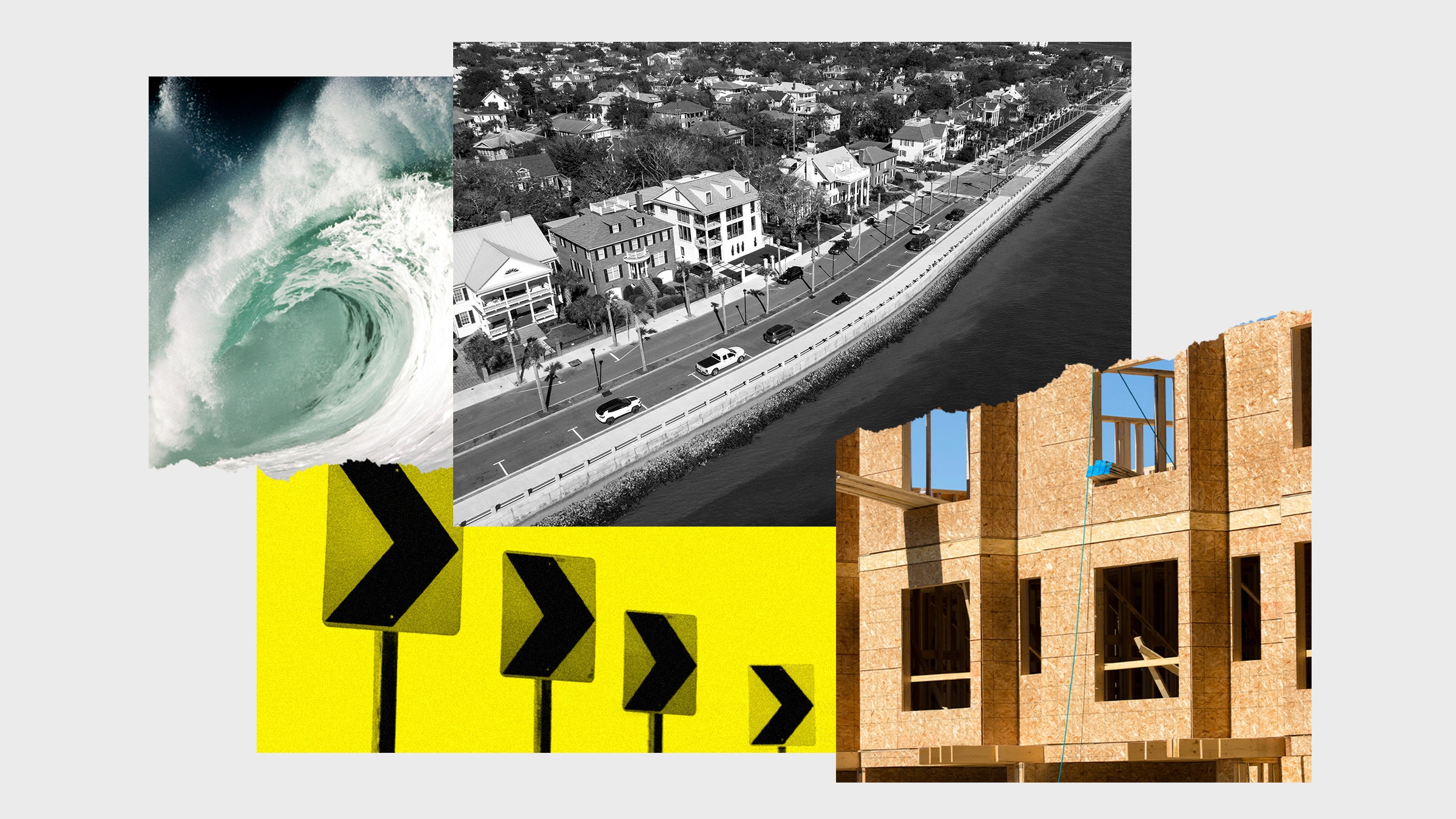 Colagem de fotos de novas construções em Charleston Ocean Wave e Margins de rua
