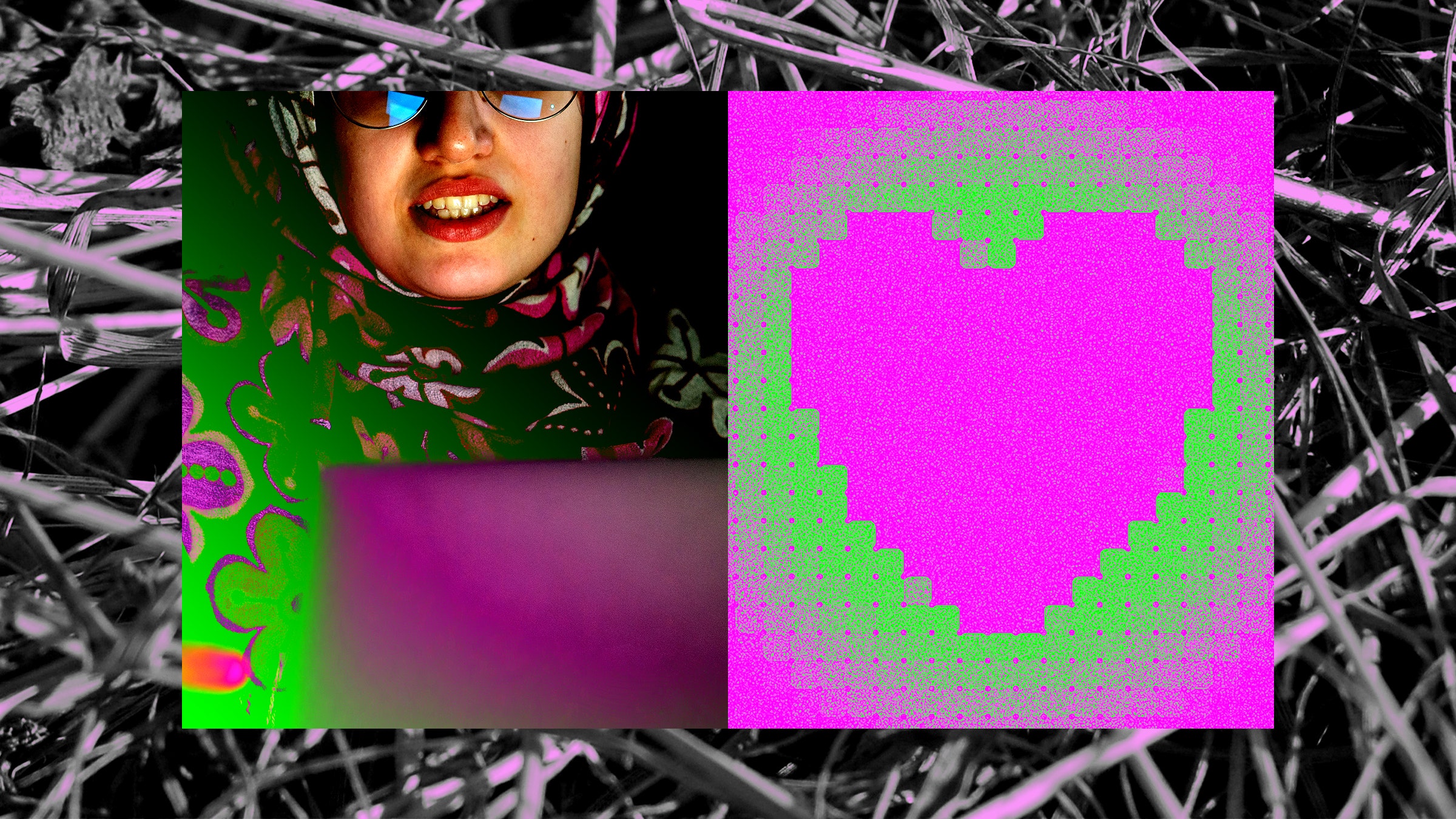 Uma colagem representando uma pessoa em um hijab, olhando para um computador, um coração luminoso e agulhas em um palheiro