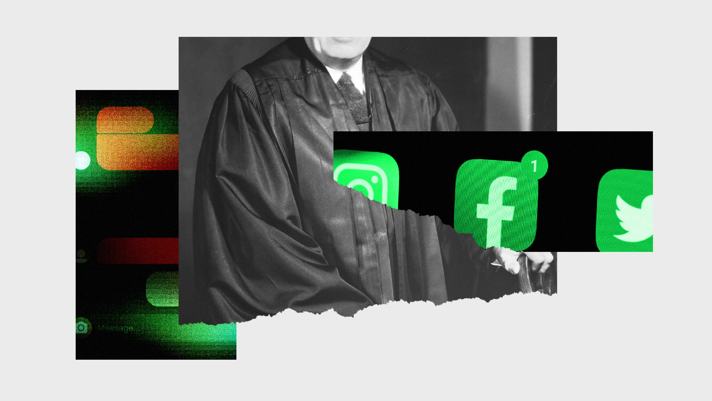 Colagem de fotos de um juiz com aplicações de redes sociais no telefone e mensagens sociais