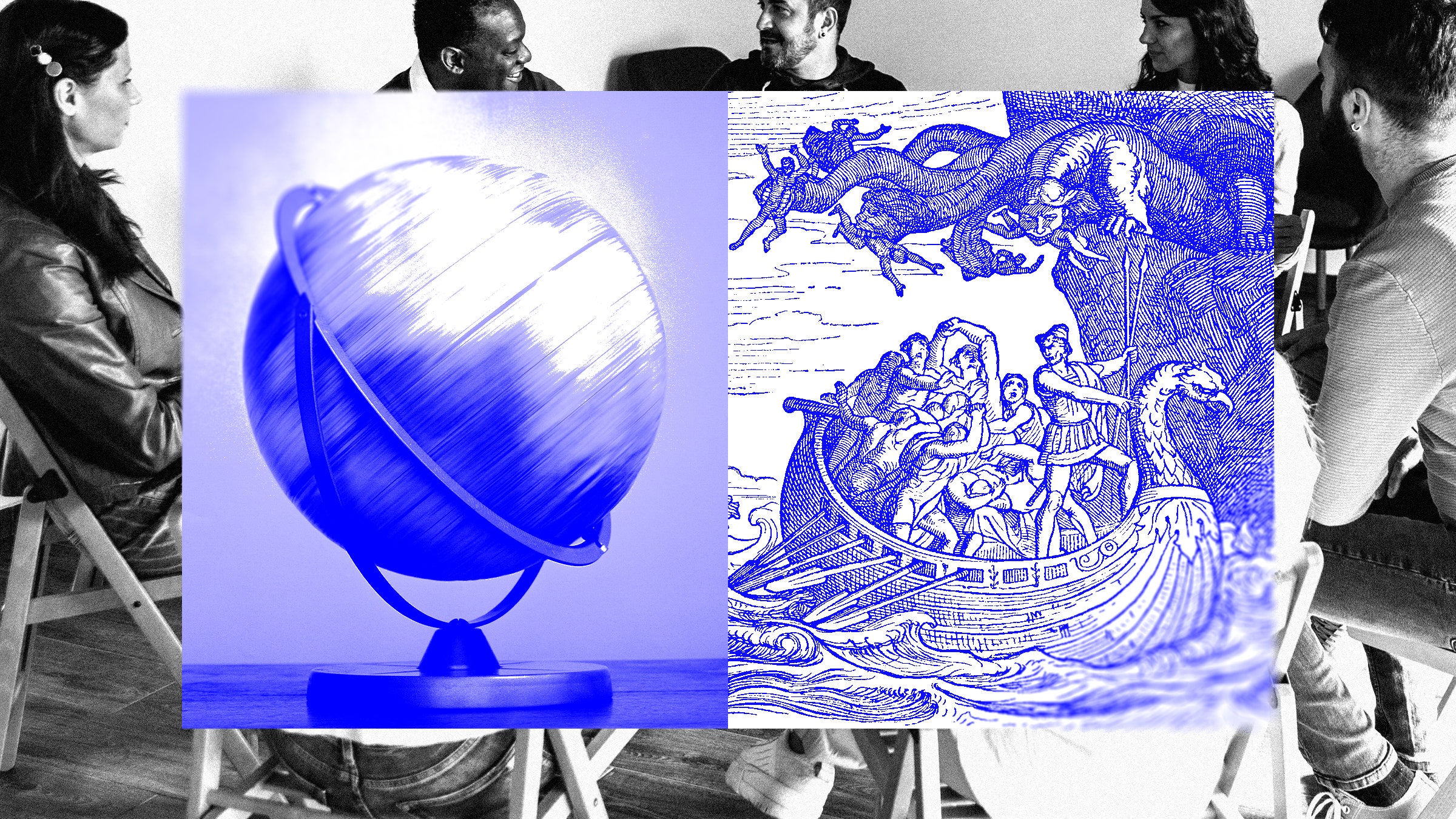 Colagem de fotos de um grupo de pessoas conversando com um globo giratório e uma ilustração de um navio lutando contra Cila e Caríbdis