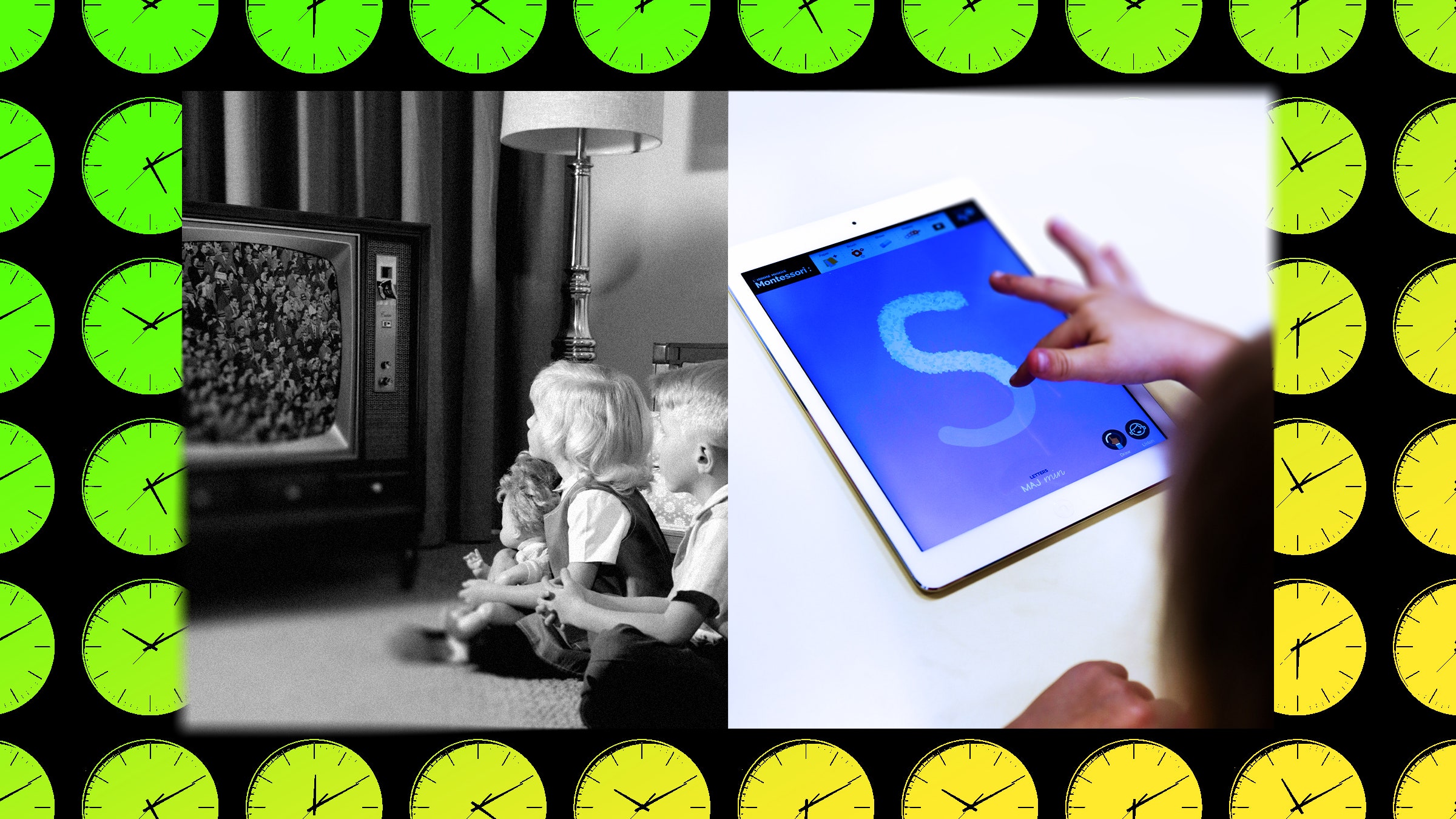 Colagem de fotos de crianças assistindo TV nos anos 60, uma criança usando iPad para concluir a lição de casa e horas