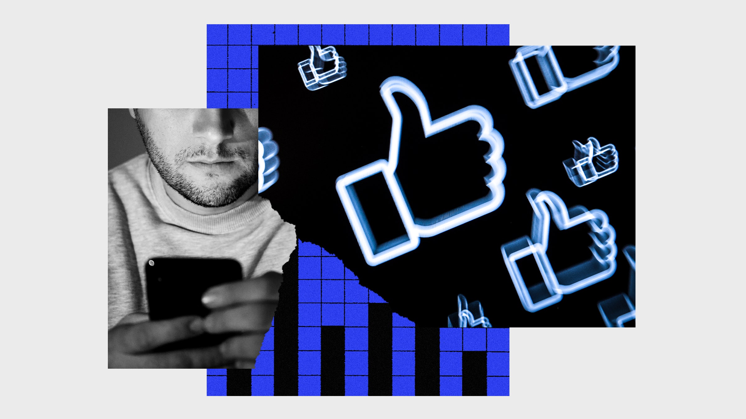 Colagem de fotos de símbolos semelhantes ao Facebook, homem olhando para o telefone e gráficos