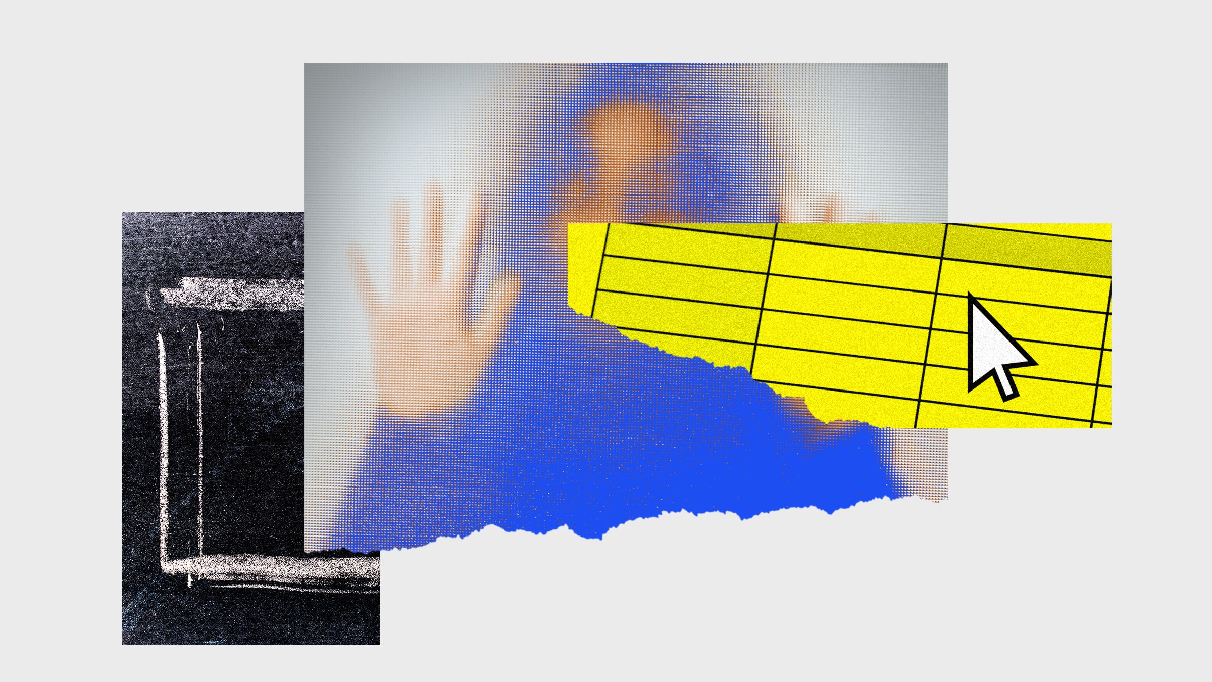 Colagem de fotos mostrando uma planilha, uma pessoa atrás de um vidro translúcido e um quadrado em um quadro de giz