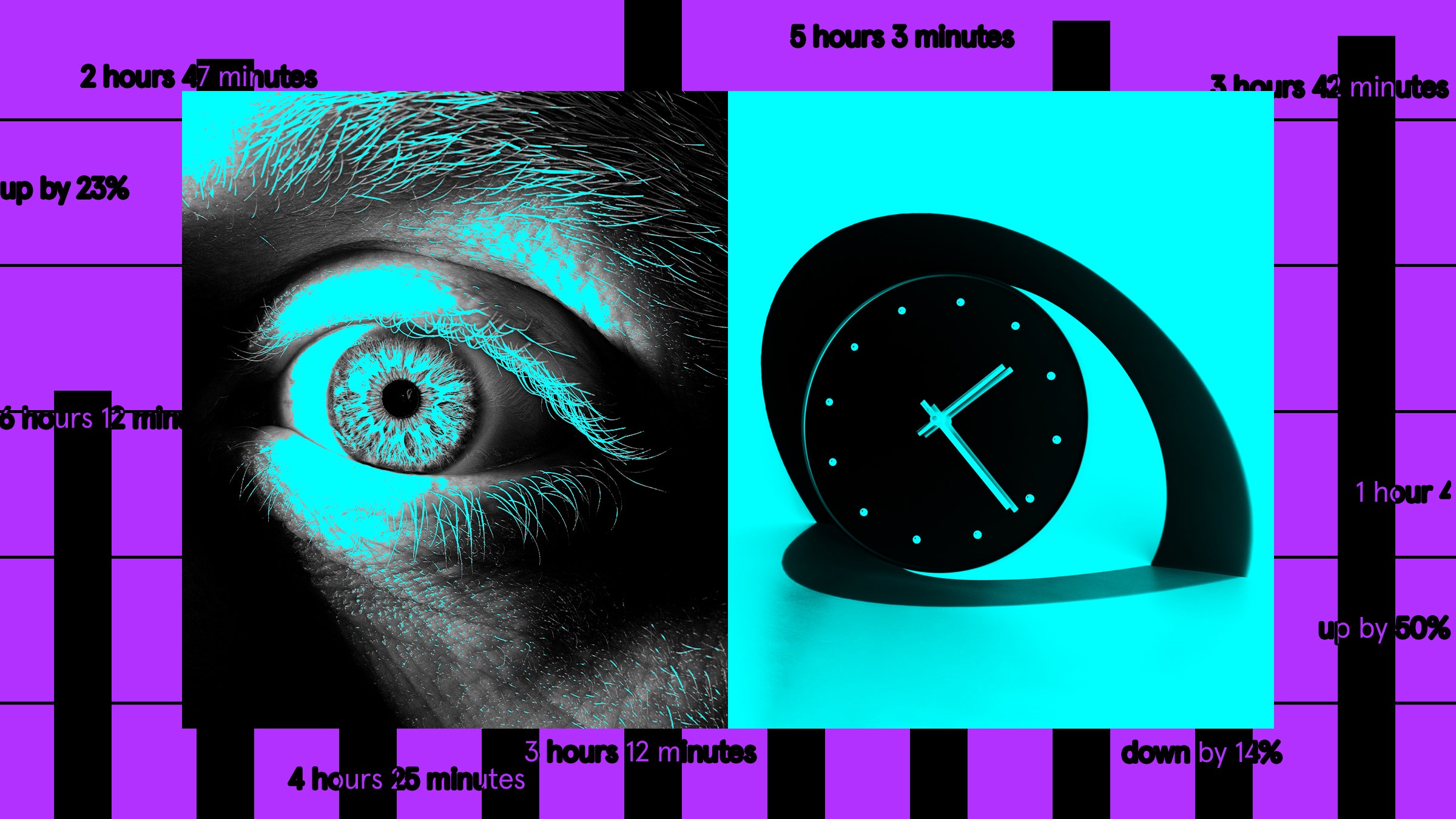 Colagem de relógio iluminado e gráfico indicando horas e minutos