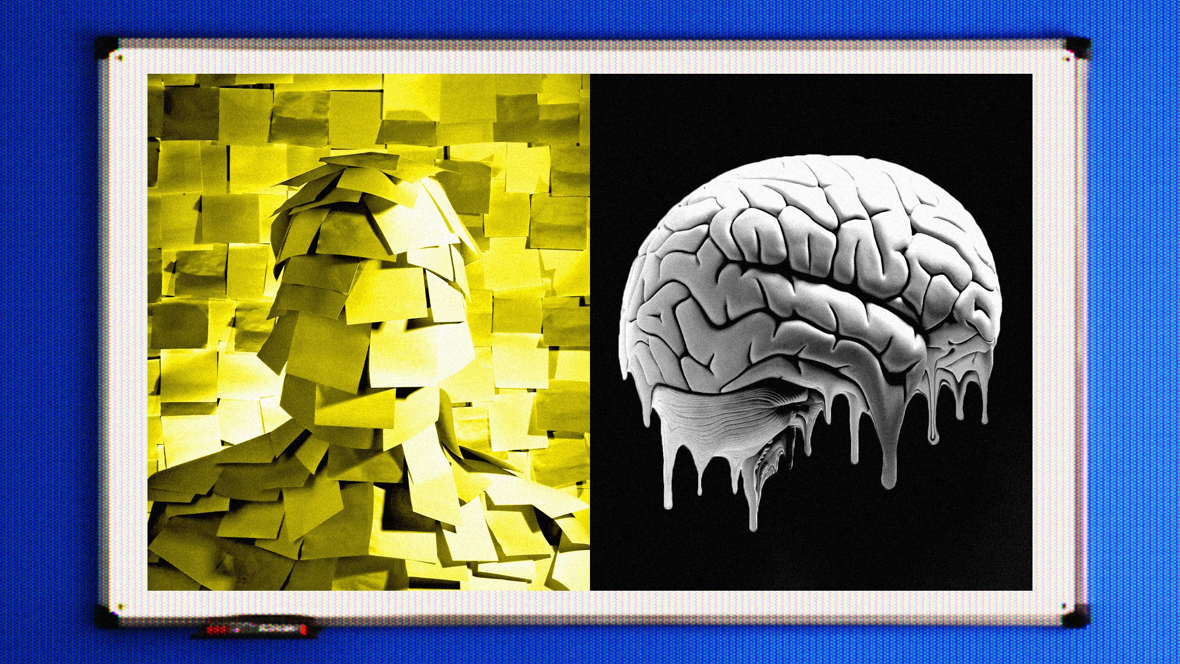 Colagem de fotos com a imagem de uma prancha, uma pessoa coberta com notas pegajosas e um cérebro derretido