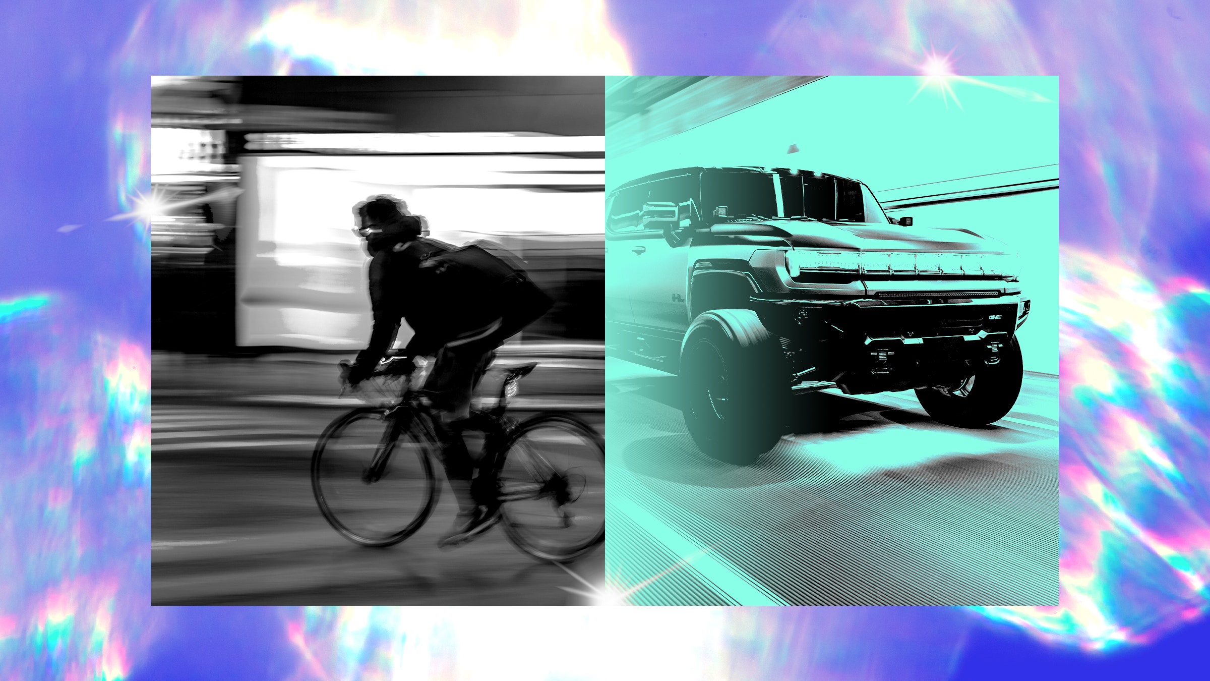 Colagem de fotos de um Hummer elétrico, uma bicicleta e brilhos