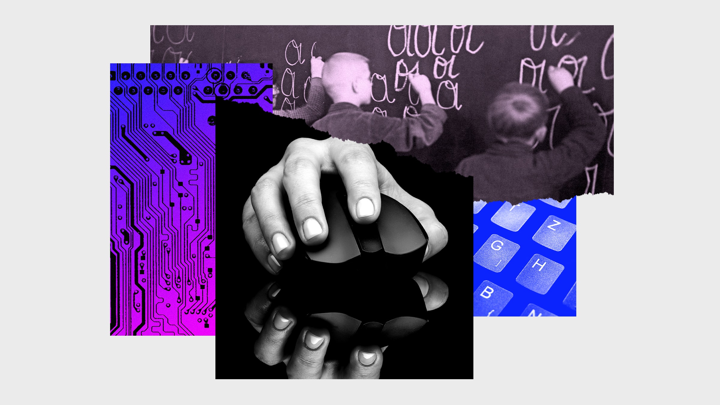 Colagem de fotos representando uma mão em um mouse e um teclado QWERTY em que os alunos praticam caligrafia e textura técnica