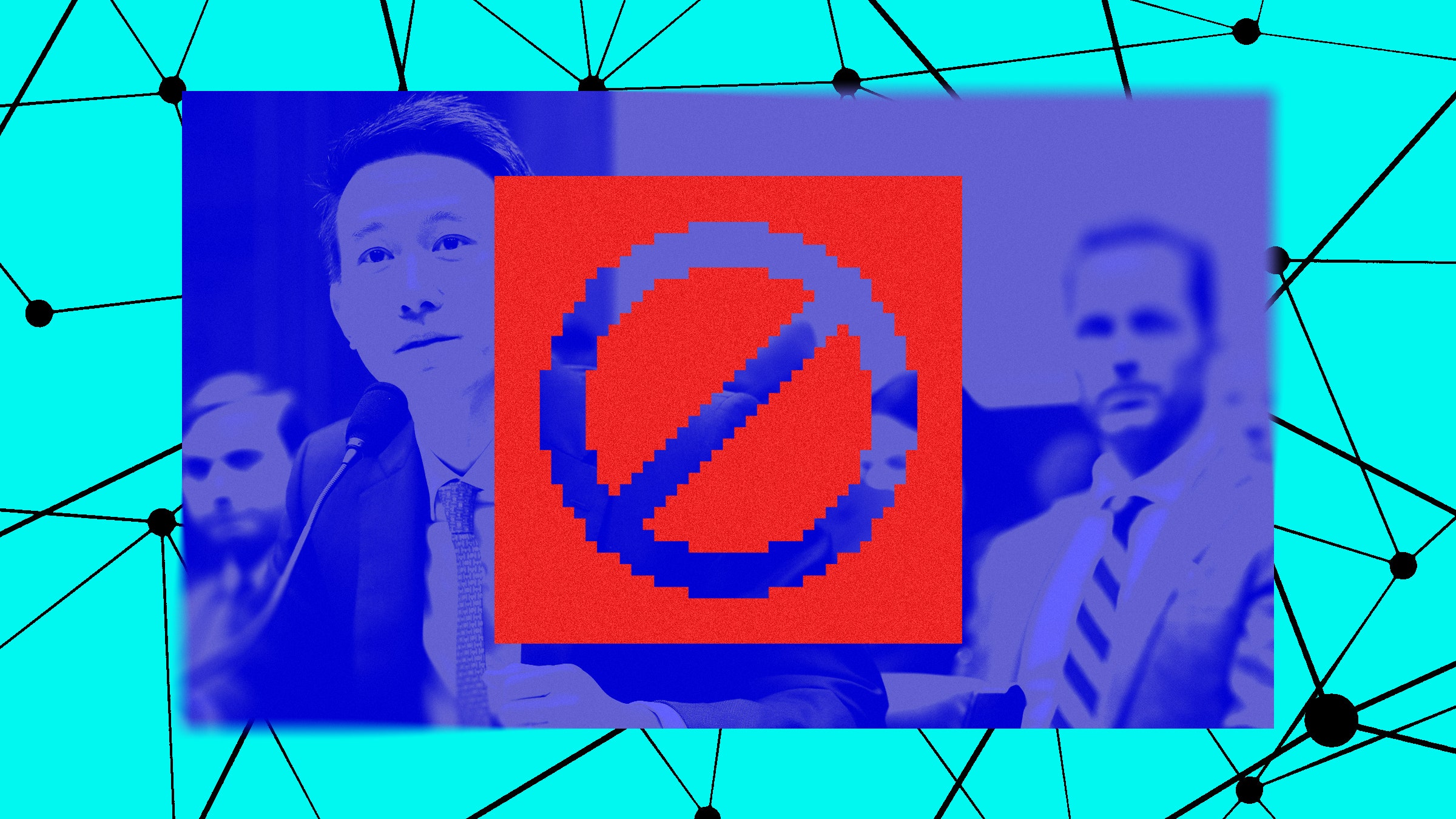 Colagem de fotos da textura da rede Shou Zi Chew em frente ao Congresso e símbolo proibido