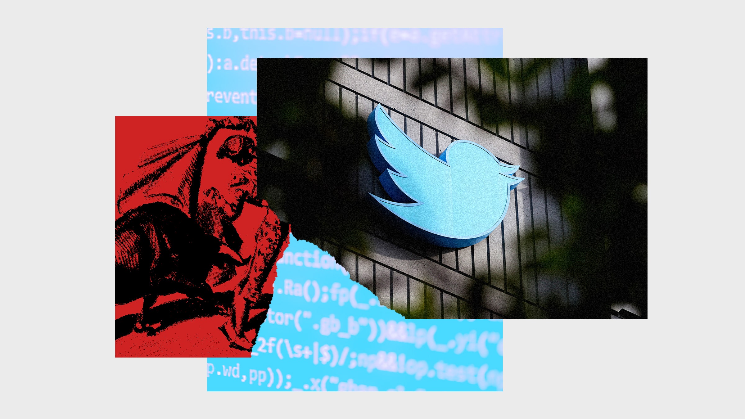 Colagem de fotos do sinal obscuro do Twitter, Corida acenando uma capa vermelha e código de computador