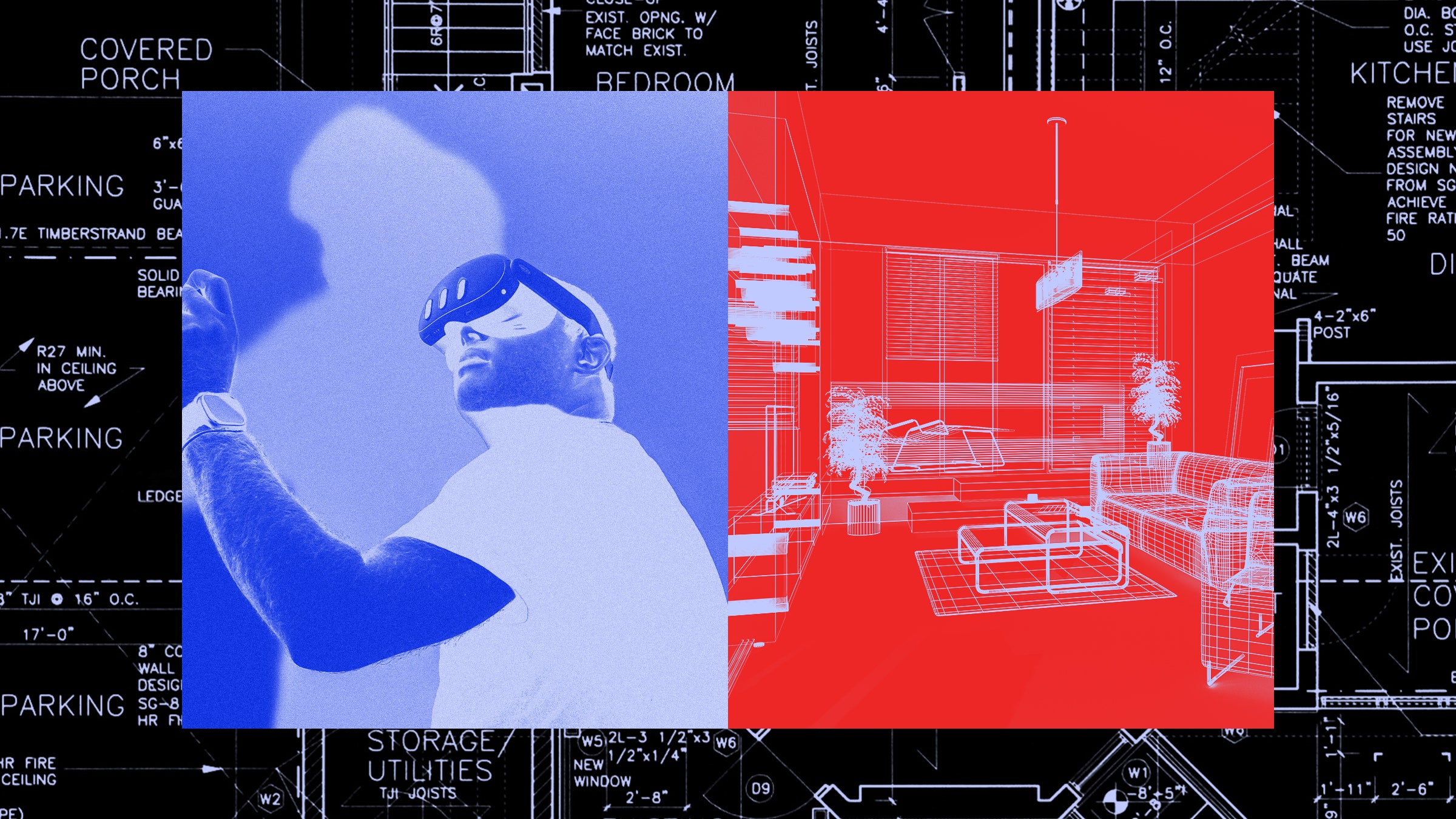 Colagem de uma pessoa usando um headset de realidade virtual, um mapa wireframe de uma sala de estar e um mapa do layout da casa