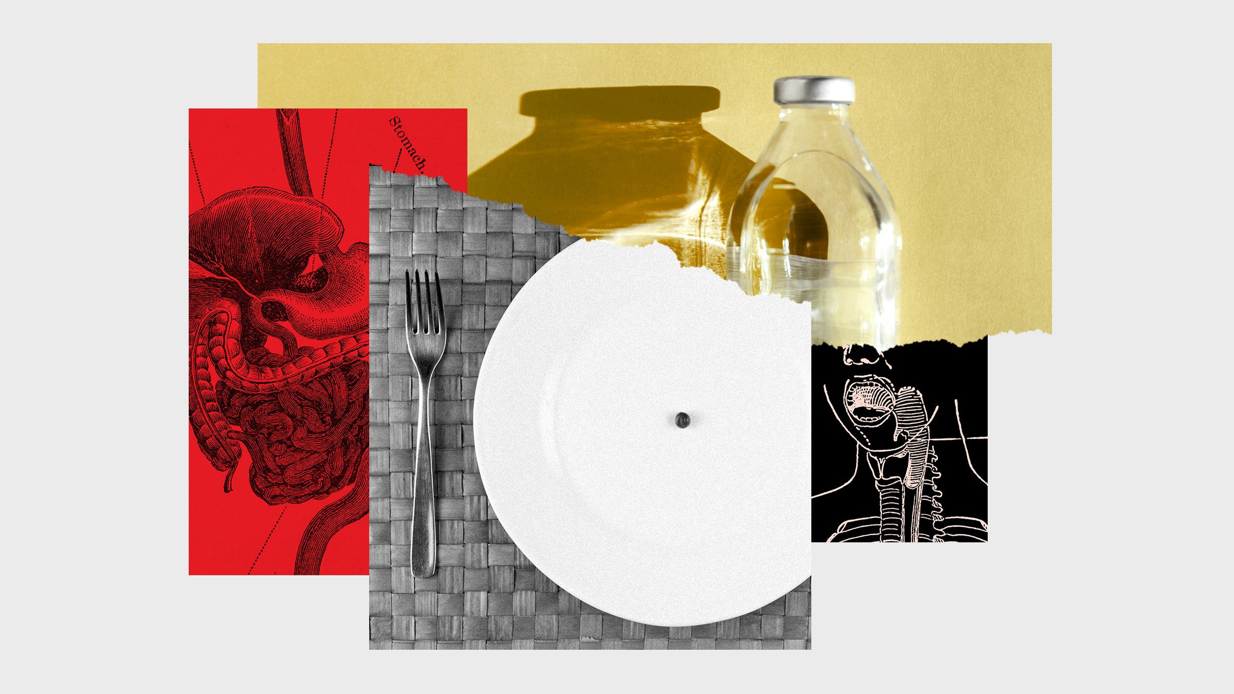 Uma colagem de fotos de um prato de jantar com uma ervilha, uma bolha com um remédio e um padrão de anatomia do estômago