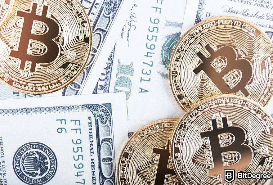 Bitcoin está morto: Bitcoins em torno de várias notas de dólar.