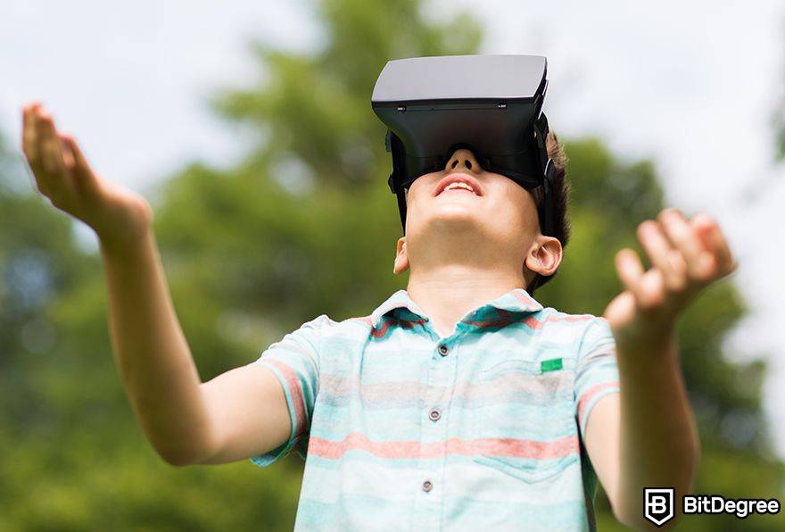 Metaverso da realidade aumentada: uma criança em VR com mãos estendidas.