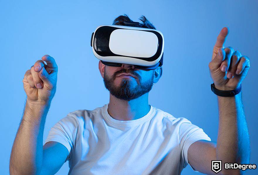 Metaverso da realidade aumentada: uma pessoa em VR, indicando.