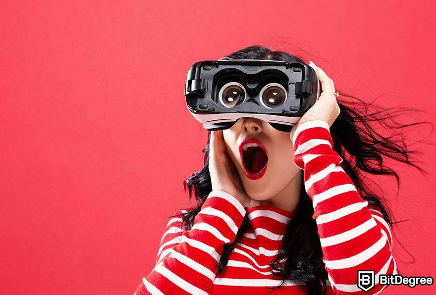 A realidade aumentada metavsel é: uma mulher com óculos AR está animada.