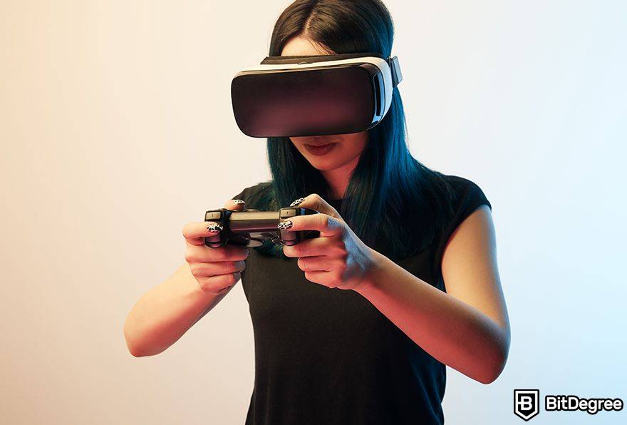 Leis of metavselnaya: VR Usuário com um controlador de jogo.
