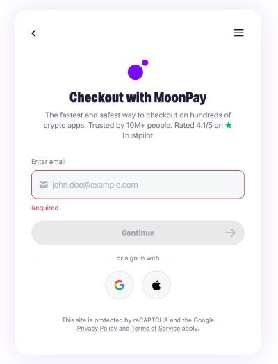 Review MoonPay: fazendo um pedido usando MoonPay.
