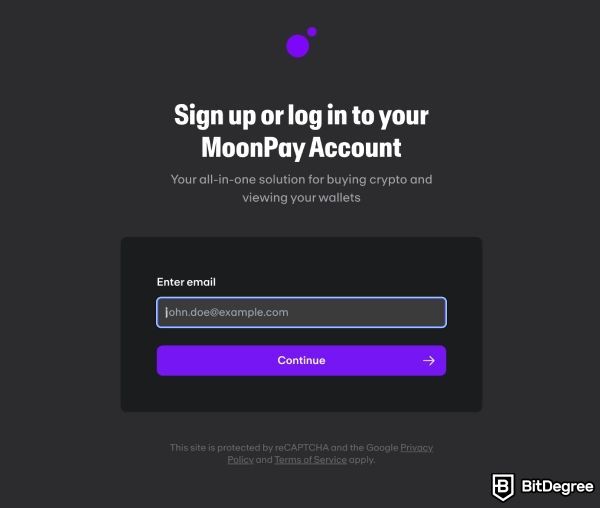 Revise MoonPay: Registro em sua conta MoonPay.