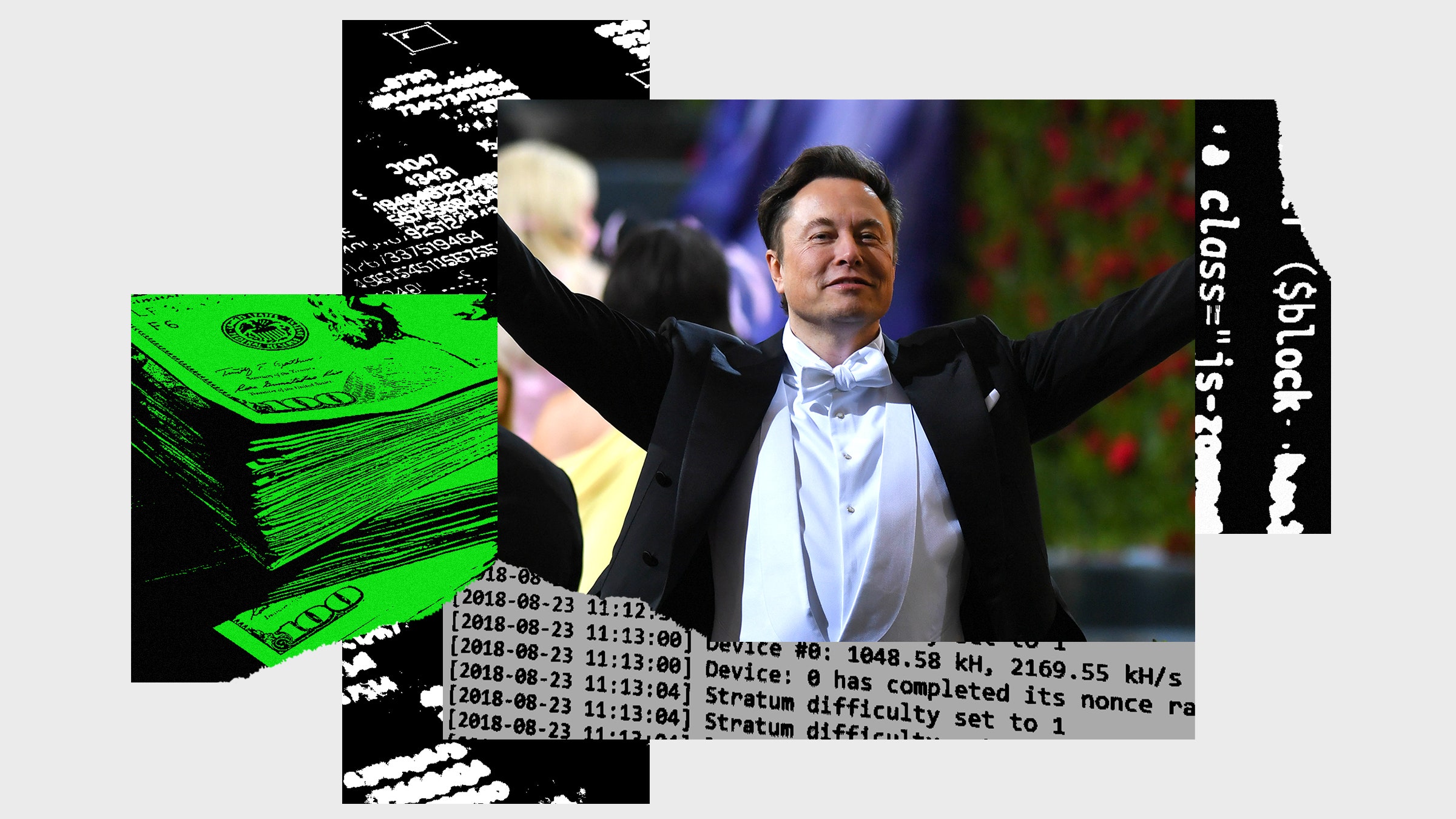 Colagem de fotos do dinheiro e código de Elon Musk