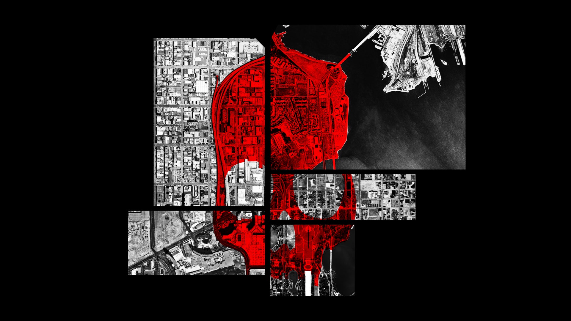 Fotos de satélite de cidades com um crânio vermelho