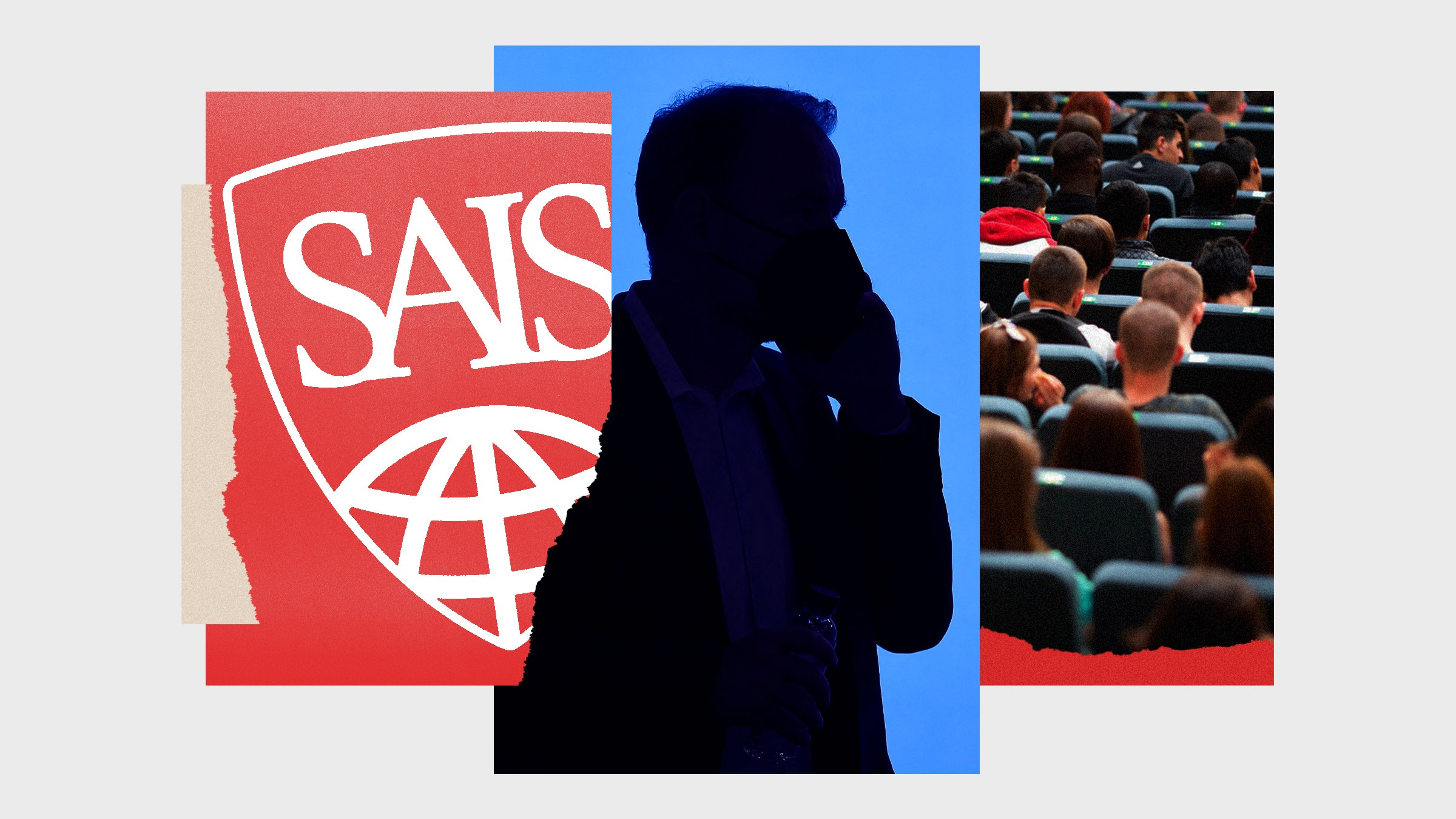 Colagem de fotos com a silhueta de um estudante falando ao telefone em uma sala de aula da faculdade e o logotipo da SAIS