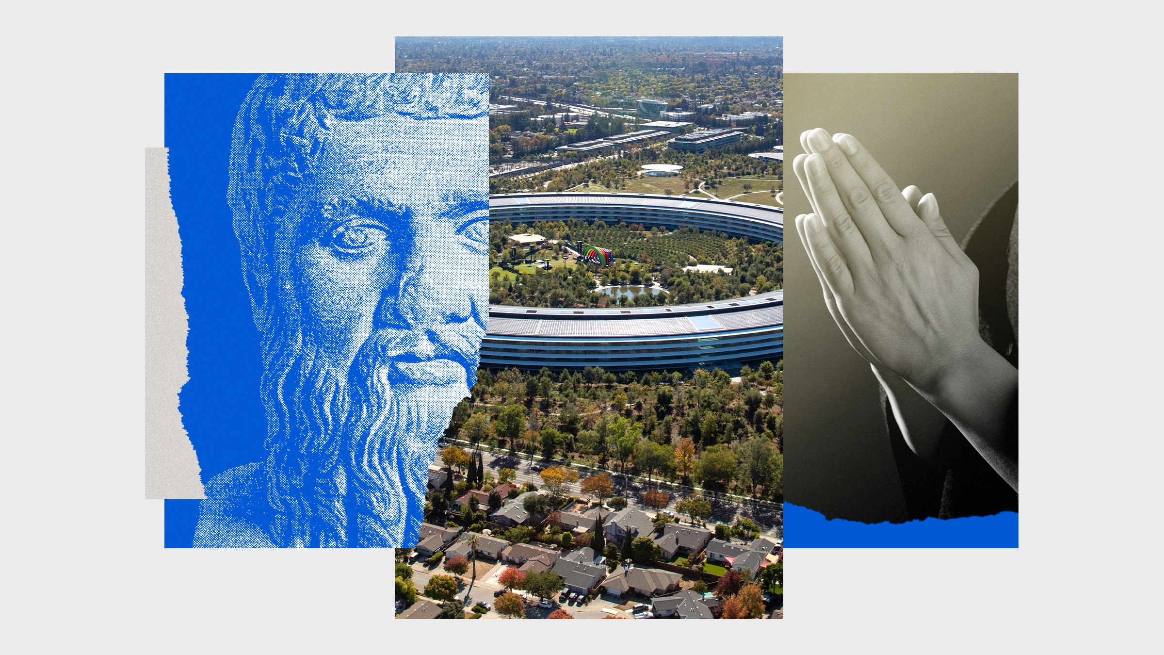 Colagem de fotos com a imagem das mãos na posição de oração do Apple Park em Cupertino e Platão estátuas