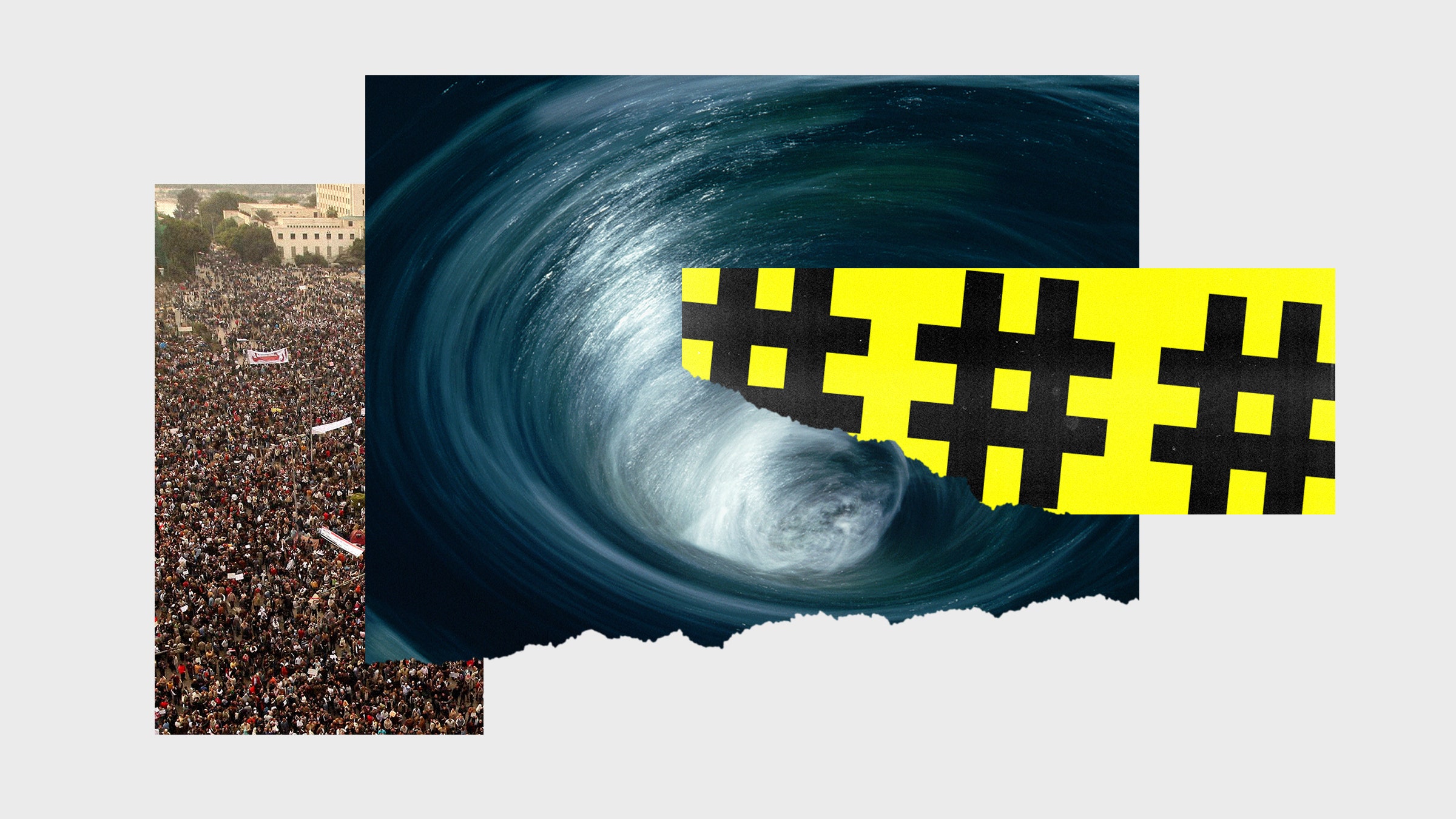 Colagem de fotos de um whirlpool, uma grande multidão de manifestantes e hashtags