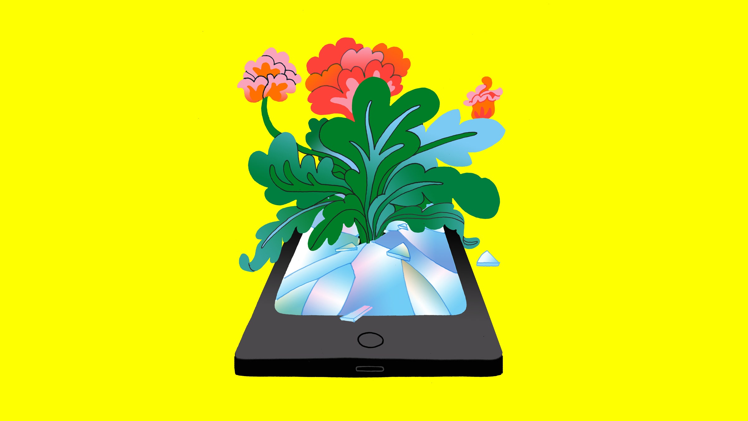 Ilustração de um telefone com flores aparecendo na tela.